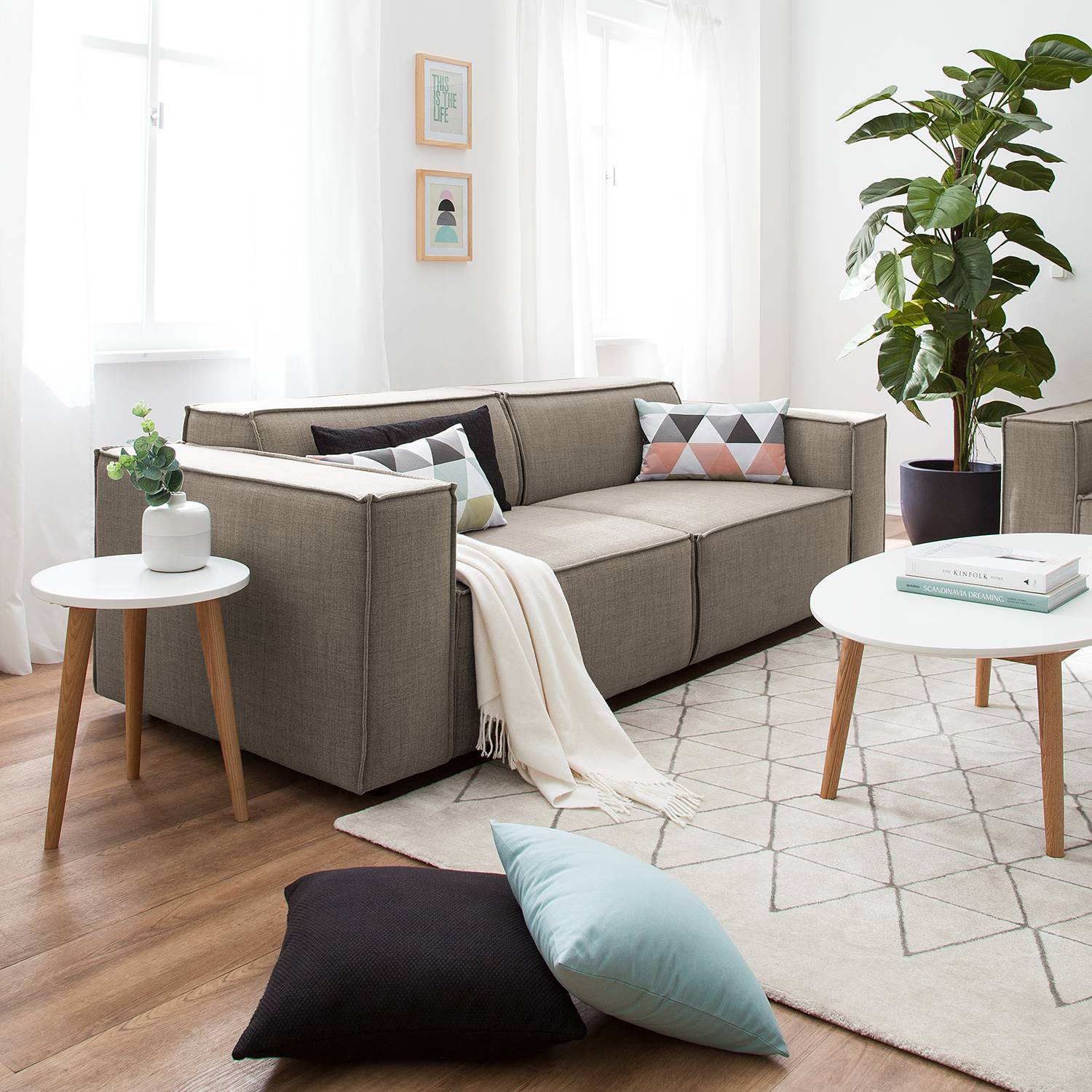 home24 Sofa Kinx 2,5-Sitzer Grau/Braun Webstoff 223x72x96 cm (BxHxT) Modern