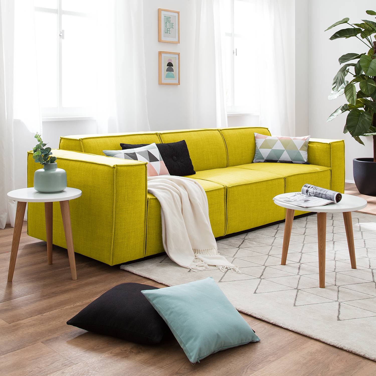 home24 Sofa Kinx 3-Sitzer Gelb Webstoff 260x72x96 cm (BxHxT) Modern