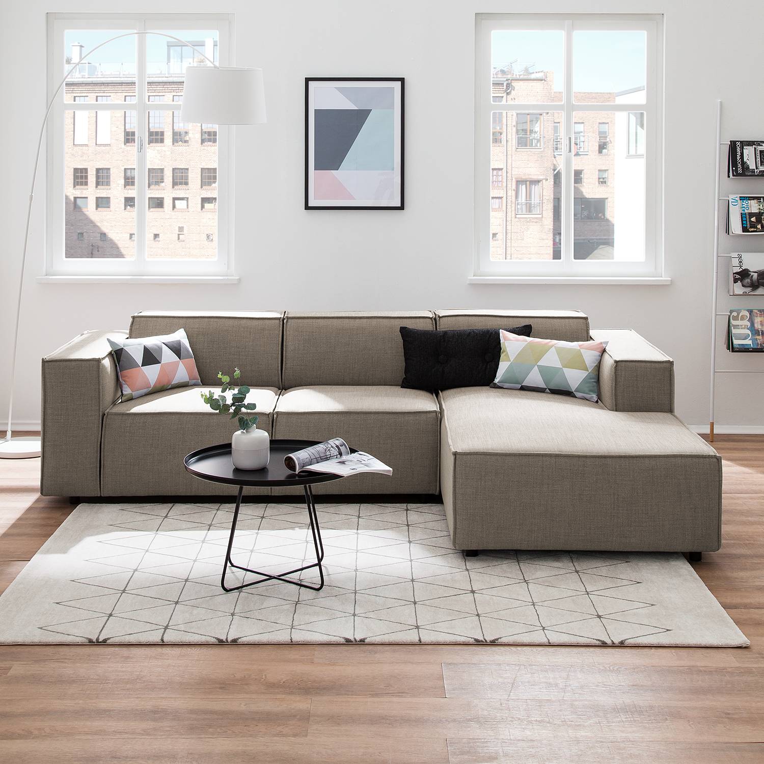 home24 Ecksofa Kinx I Grau/Braun Webstoff 259x72x177 cm (BxHxT) Modern