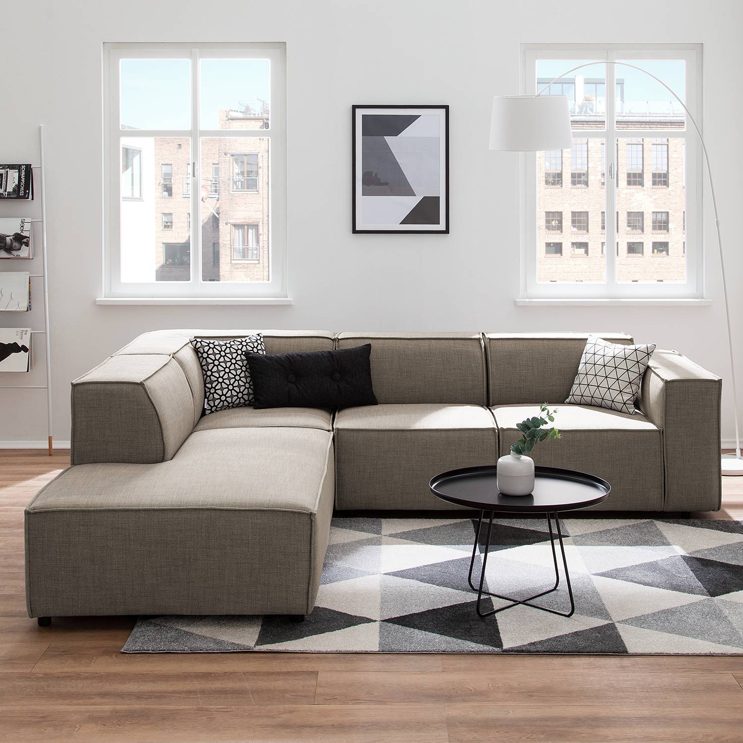 home24 Ecksofa Kinx III Grau/Braun Webstoff 259x72x234 cm (BxHxT) Modern