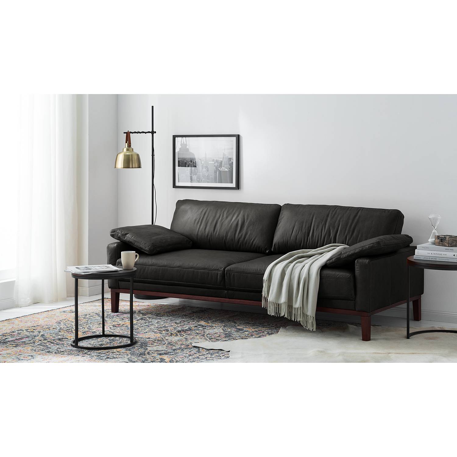 home24 ars manufacti Sofa Horley 3-Sitzer Schwarz Echtleder 212x76x94 cm