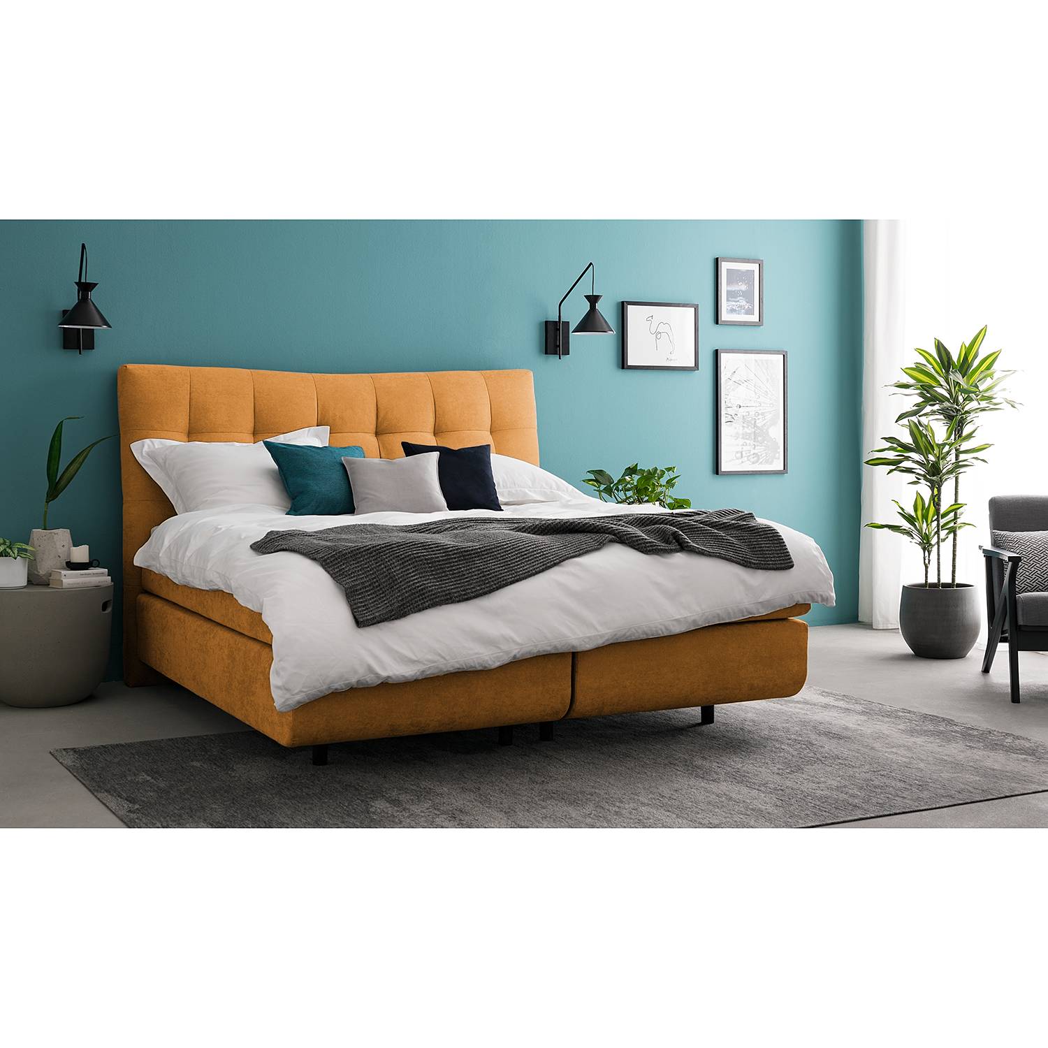 home24 loftscape Boxspringbett Maum Webstoff Safrangelb mit Bettkasten/Topper