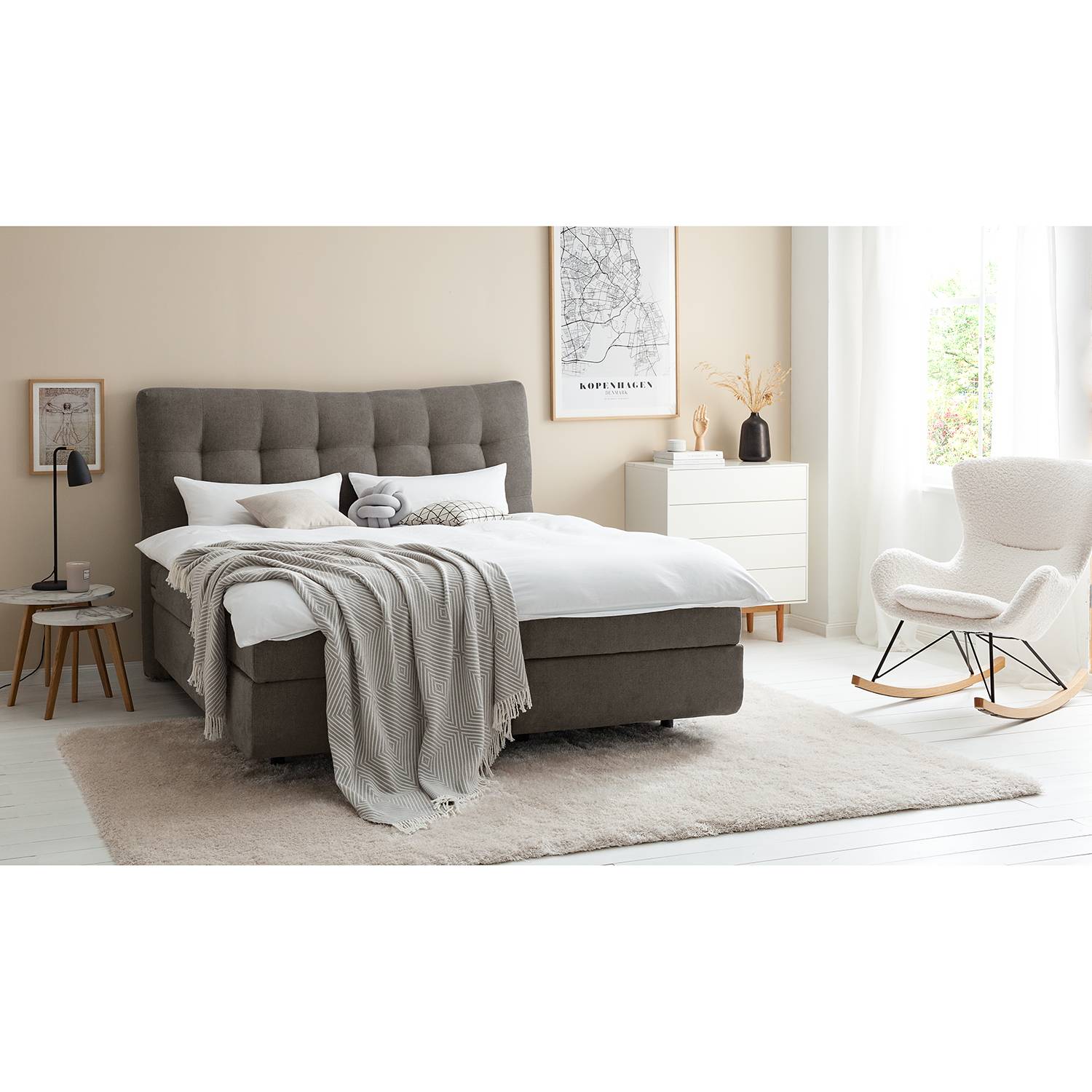 home24 loftscape Boxspringbett Maum Webstoff Hellanthrazit mit Bettkasten/Topper