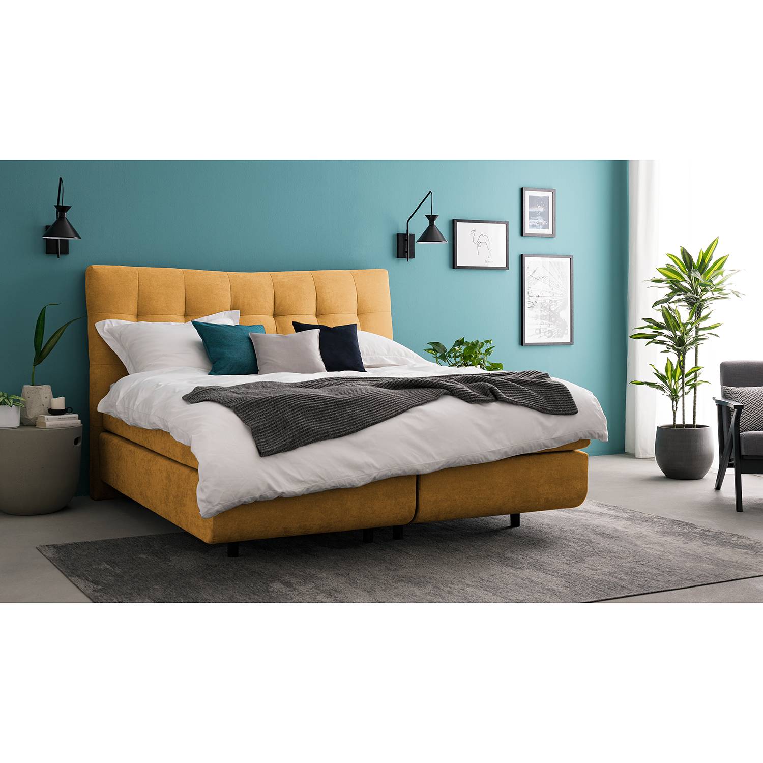 home24 loftscape Boxspringbett Maum I 180x200 cm Microfaser Safrangelb mit Matratze/Topper