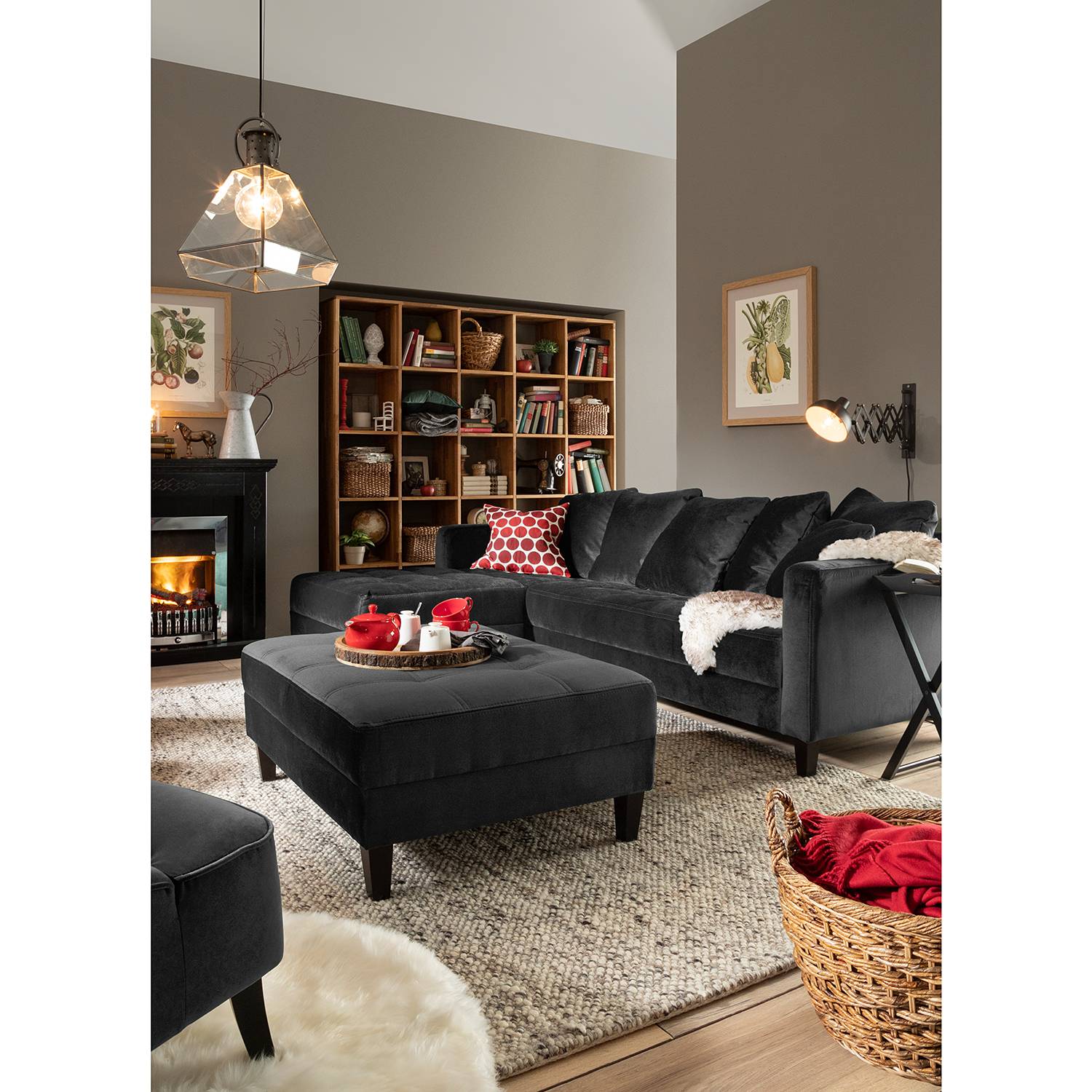 home24 Jack & Alice Ecksofa Elnora 2-Sitzer Anthrazit Samt 254x85x165 cm