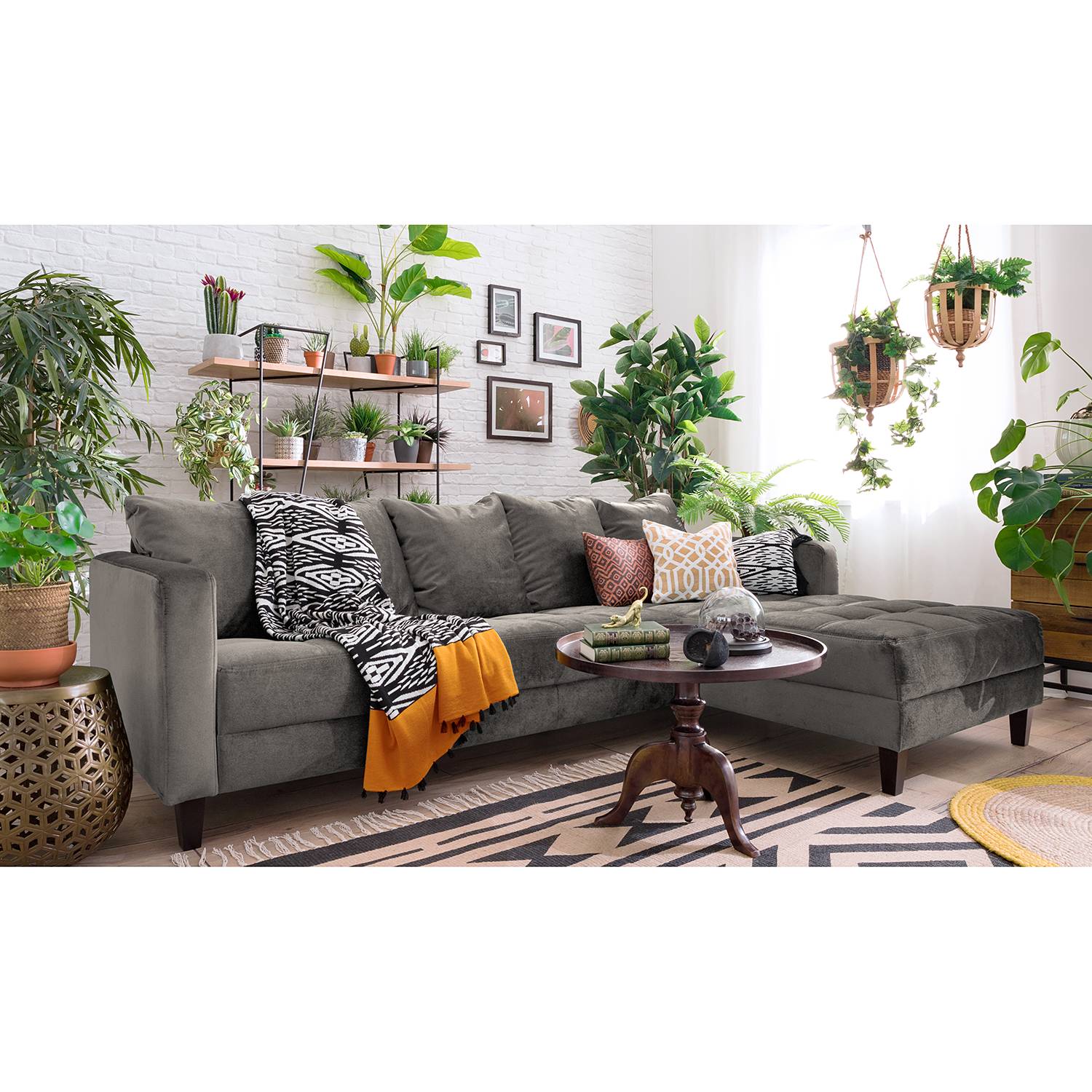 home24 Jack & Alice Ecksofa Elnora 2-Sitzer Grau Samt 254x85x165 cm