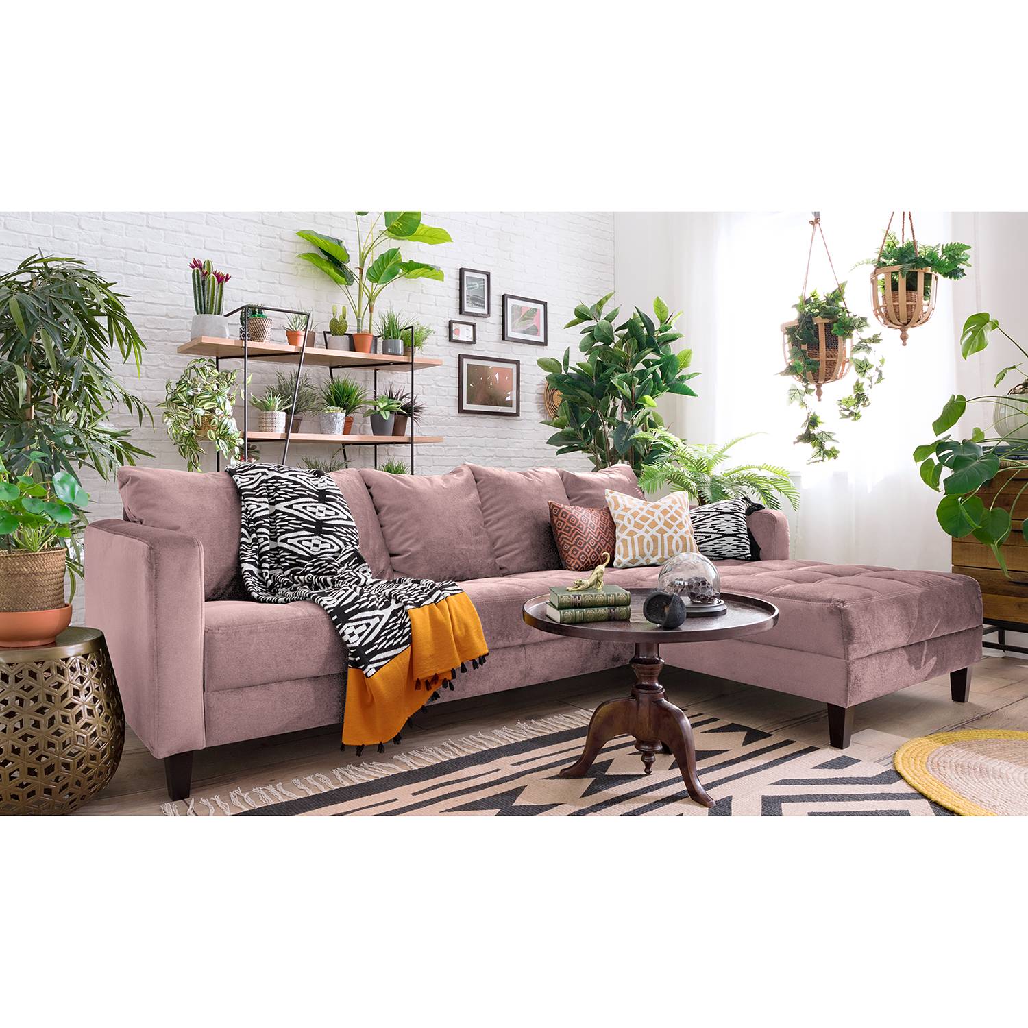 home24 Jack & Alice Ecksofa Elnora 2-Sitzer Mauve Samt 254x85x165 cm