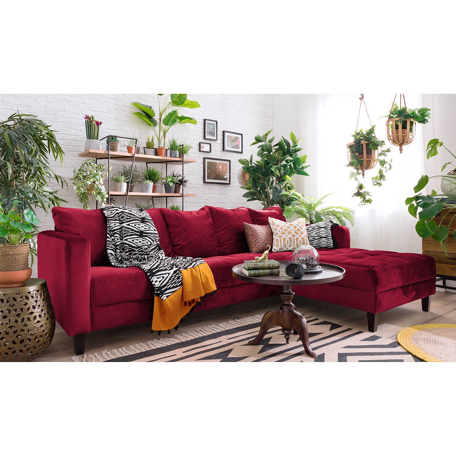 home24 Jack & Alice Ecksofa Elnora 2-Sitzer Bordeaux Samt 254x85x165 cm