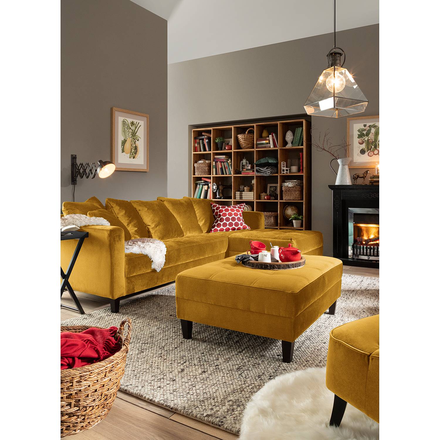 home24 Jack & Alice Ecksofa Elnora 2-Sitzer Senfgelb Samt 254x85x165 cm