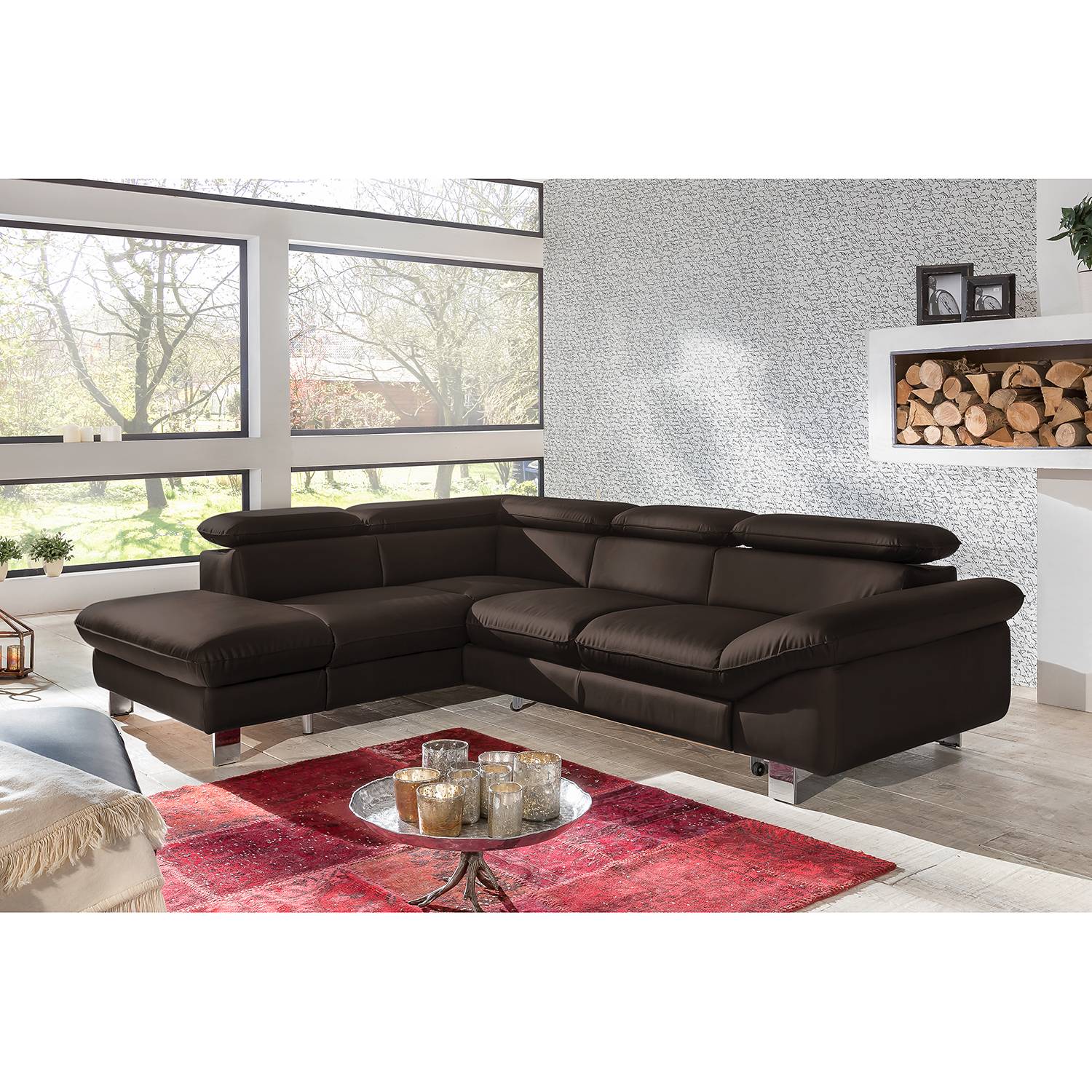 home24 Cotta Ecksofa Waiho II Dunkelbraun Echtleder 266x91x214 cm (BxHxT) mit Schlaffunktion/Bettkasten Modern