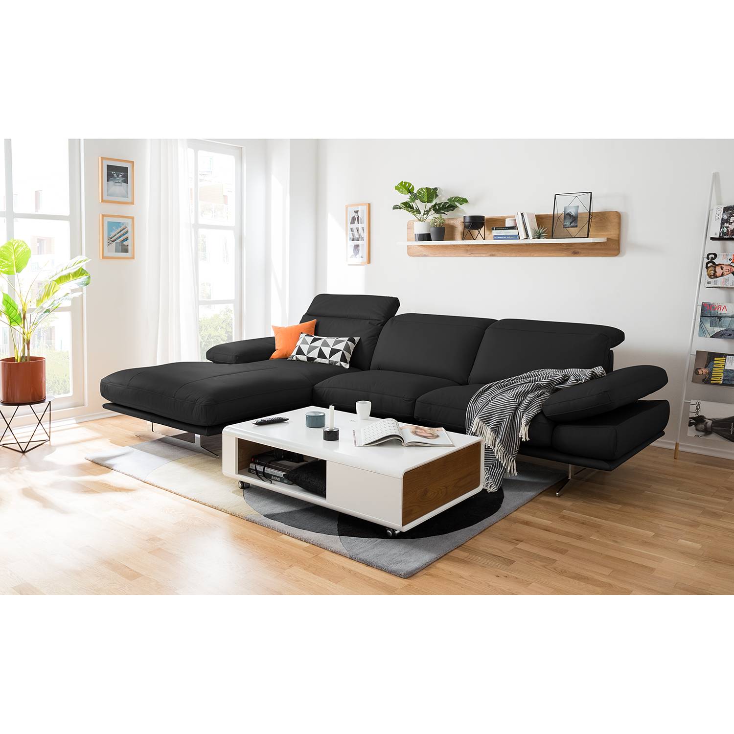 home24 loftscape Ecksofa Kingman 2-Sitzer Schwarz Echtleder 349x80x108 cm
