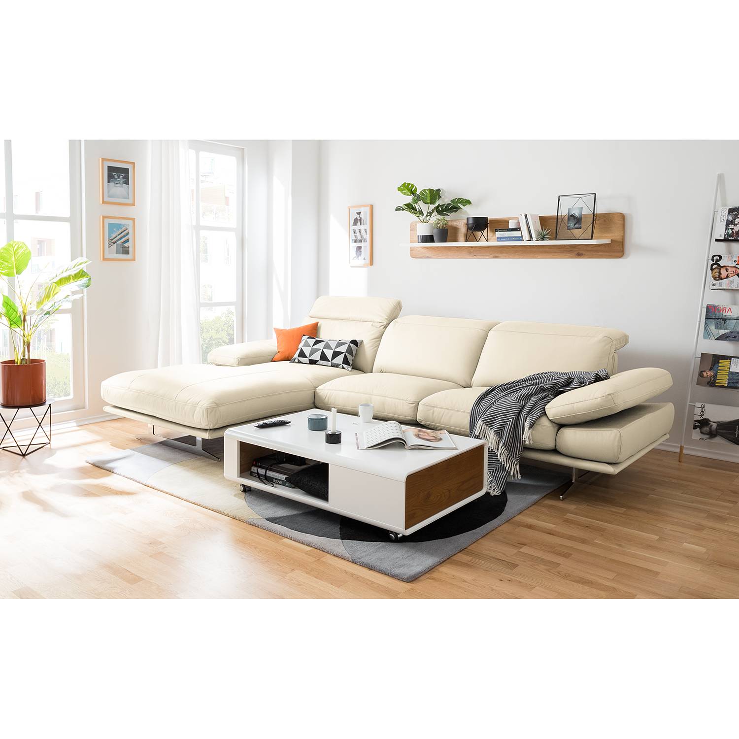 home24 loftscape Ecksofa Kingman 2-Sitzer Hellbeige Echtleder 349x80x108 cm