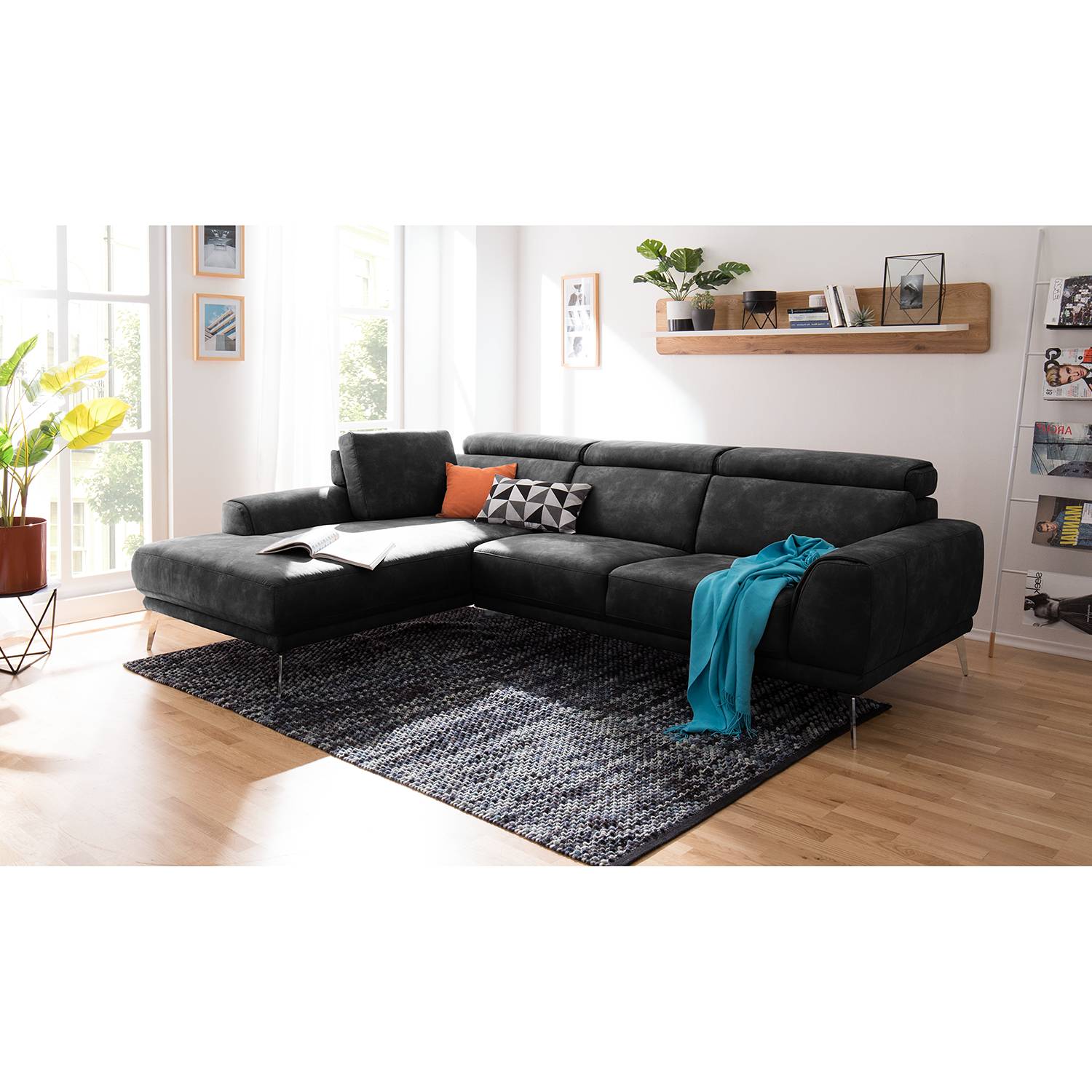 home24 loftscape Ecksofa Ryley Schwarz Microfaser 273x83x109 cm