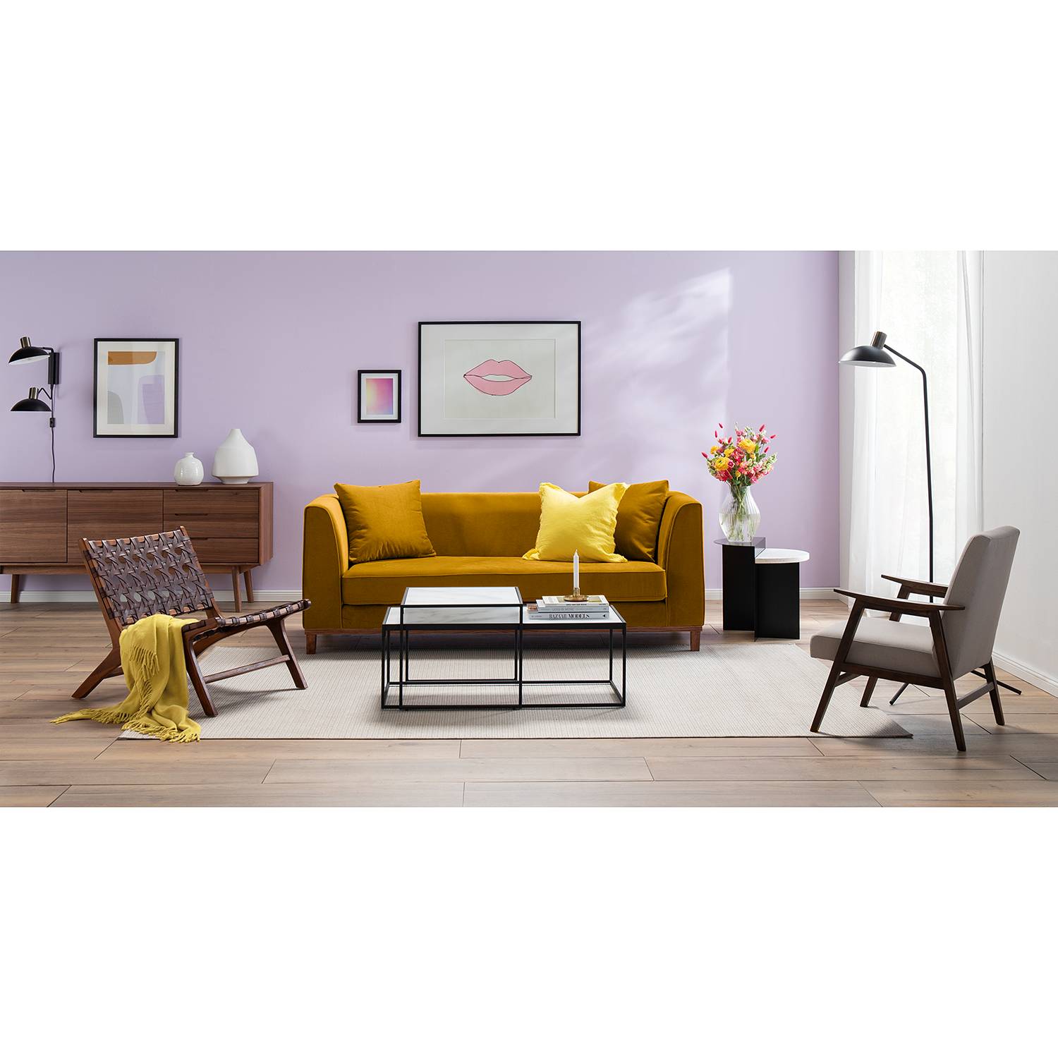 home24 Jack & Alice Sofa Blomma 3-Sitzer Senfgelb Samtstoff 201x79x82 cm