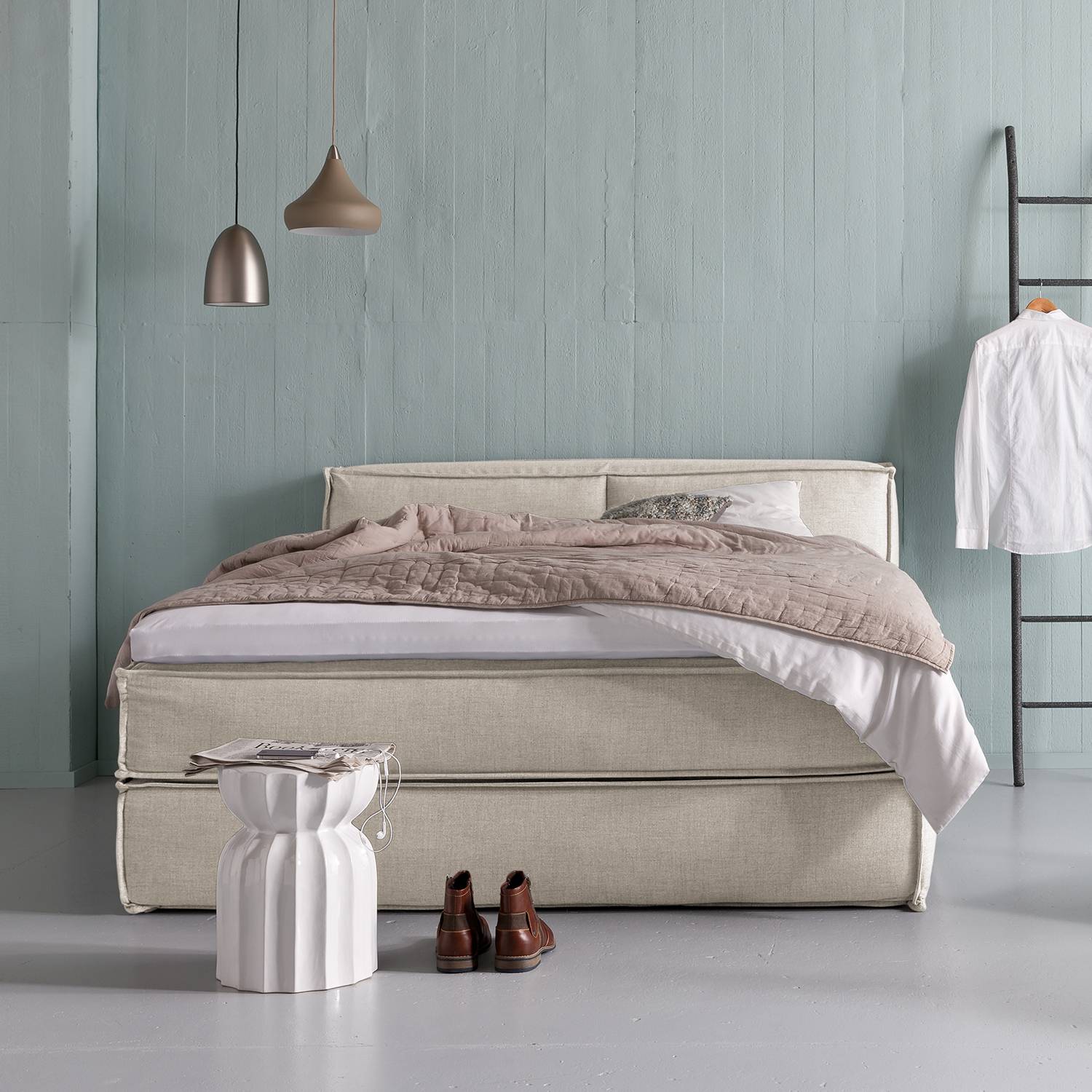 home24 Boxspringbett Kinx 200x200 cm Webstoff Beige mit Matratze/Topper