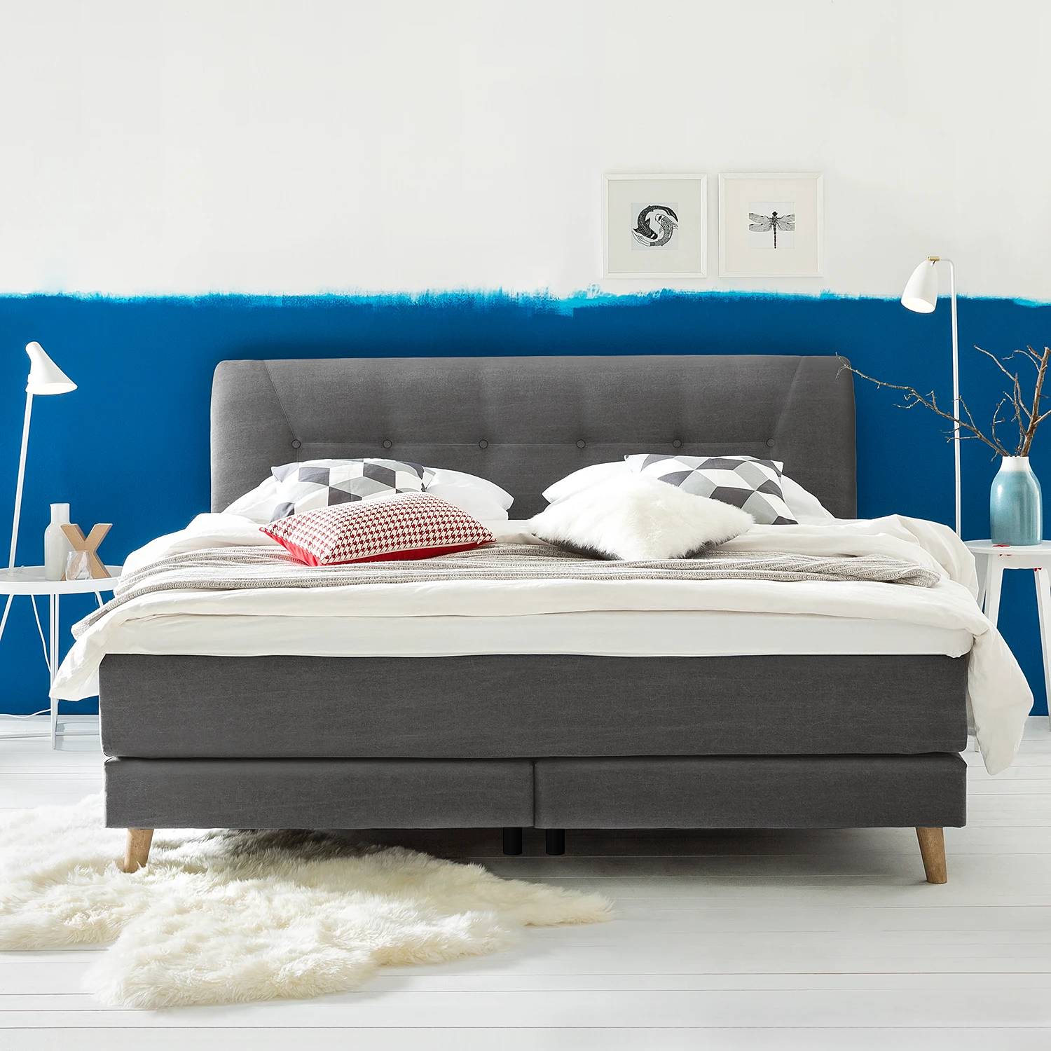 home24 Mørteens Boxspringbett Mälby 160x200 cm Webstoff Anthrazit mit Matratze/Topper