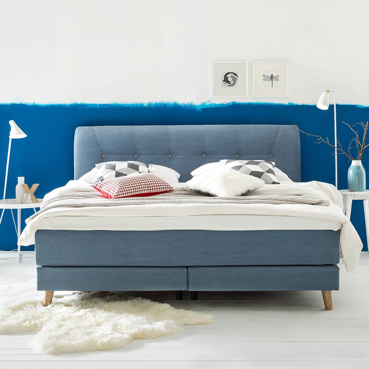 home24 Mørteens Boxspringbett Mälby 160x200 cm Webstoff Matt Hellblau mit Matratze/Topper