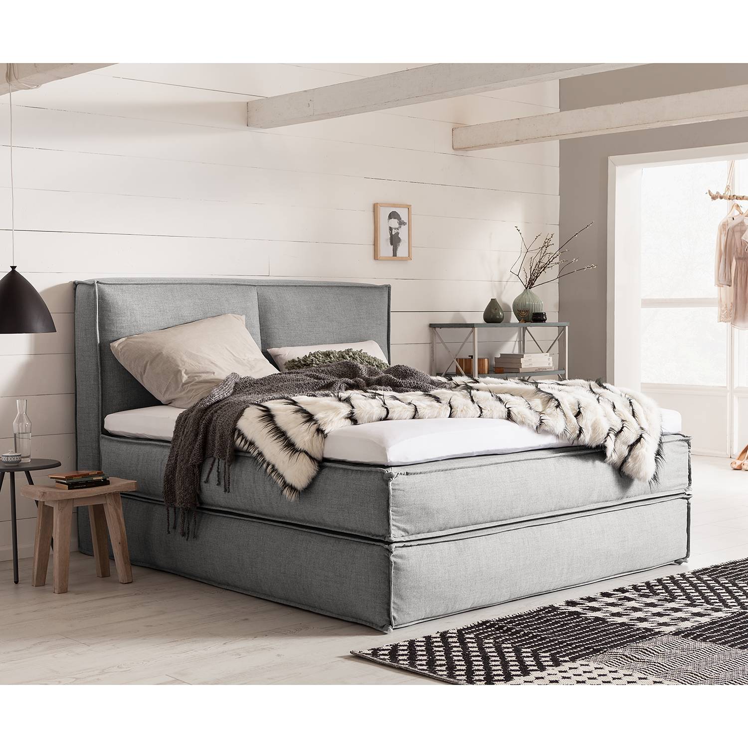 home24 Boxspringbett Kinx 160x220 cm Webstoff Grau mit Matratze/Topper