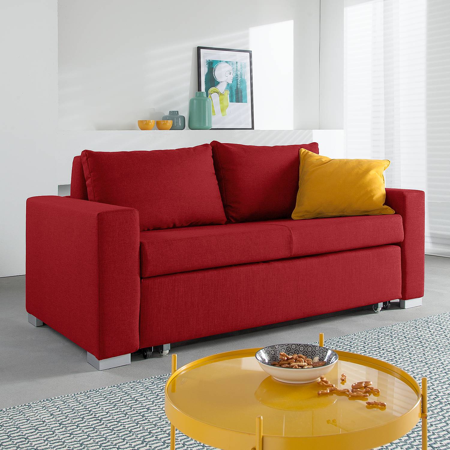 home24 mooved Schlafsofa Latina 2-Sitzer Rot Webstoff 170x90x90 cm (BxHxT) mit Schlaffunktion/Bettkasten Modern