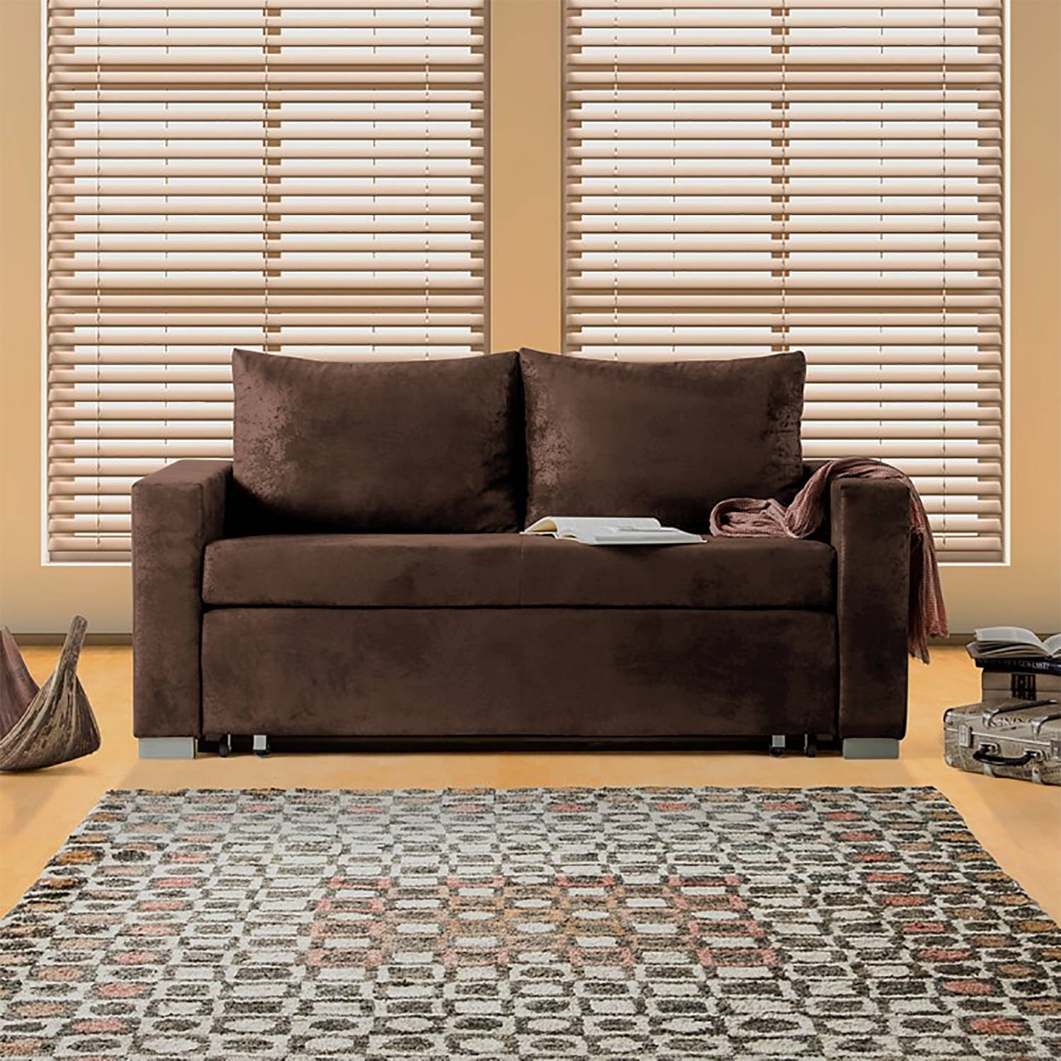 home24 mooved Schlafsofa Latina 2-Sitzer Dunkelbraun Microfaser 150x90x90 cm (BxHxT) mit Schlaffunktion/Bettkasten Industrial