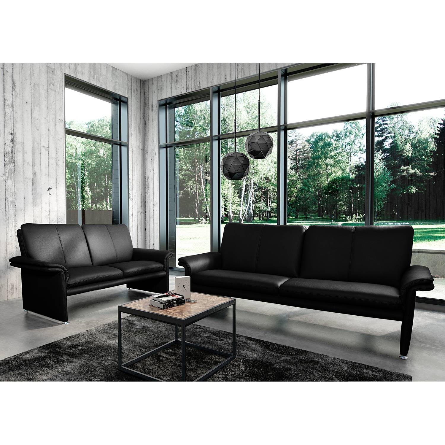 home24 Modoform Sofa Capri 2-Sitzer Schwarz Echtleder 164x90x88 cm (BxHxT) Modern