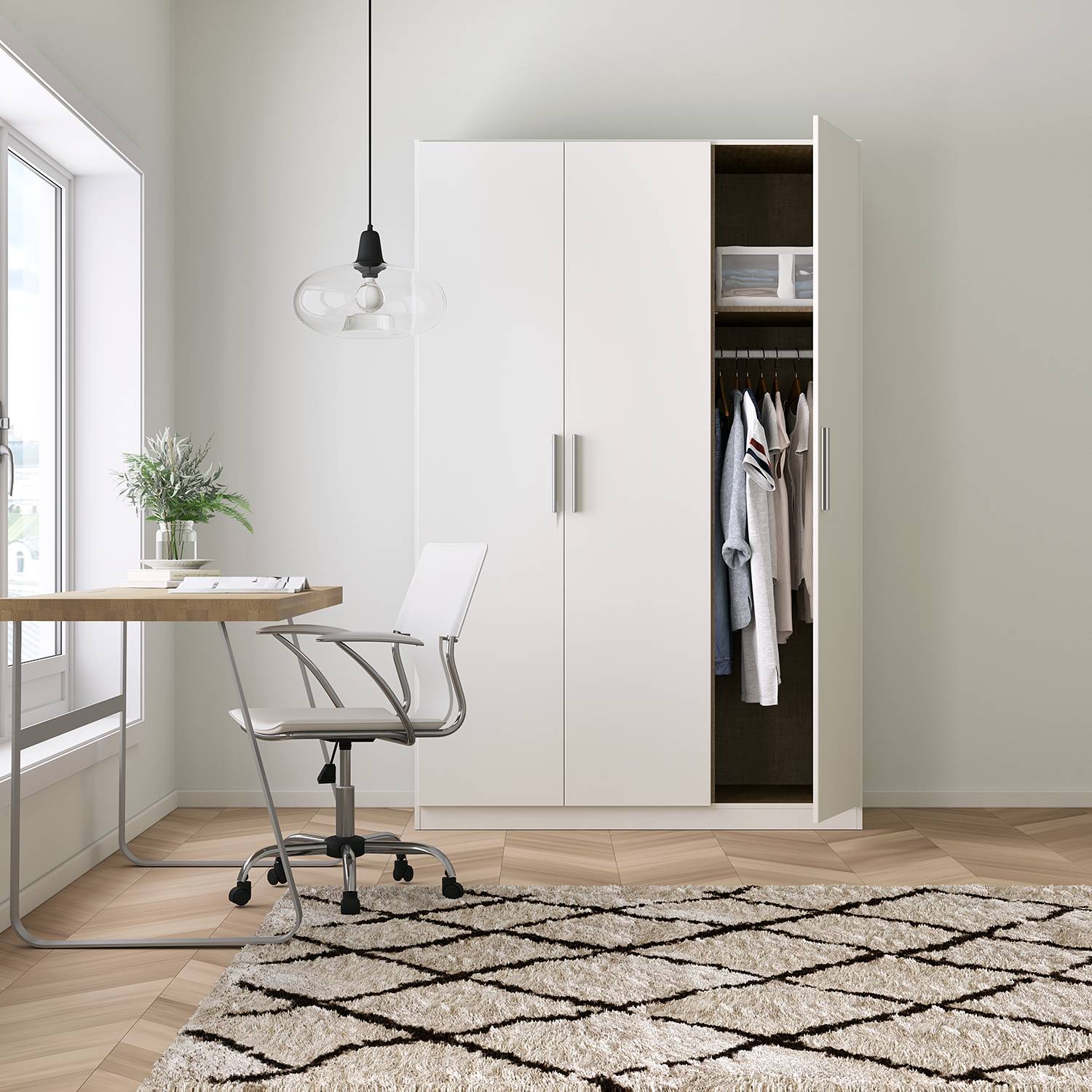 home24 Drehtürenschrank KiYDOO V Alpinweiß 136x197x54 cm (BxHxT) 3-türig Spanplatte Modern