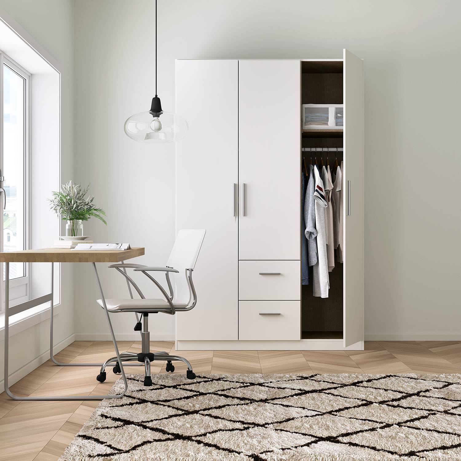 home24 Drehtürenschrank KiYDOO II Alpinweiß 136x197x54 cm (BxHxT) 3-türig Spanplatte Modern