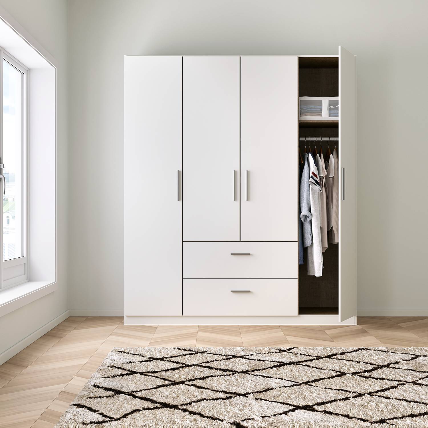 home24 Drehtürenschrank KiYDOO II Alpinweiß 181x197x54 cm (BxHxT) 4-türig Spanplatte Modern