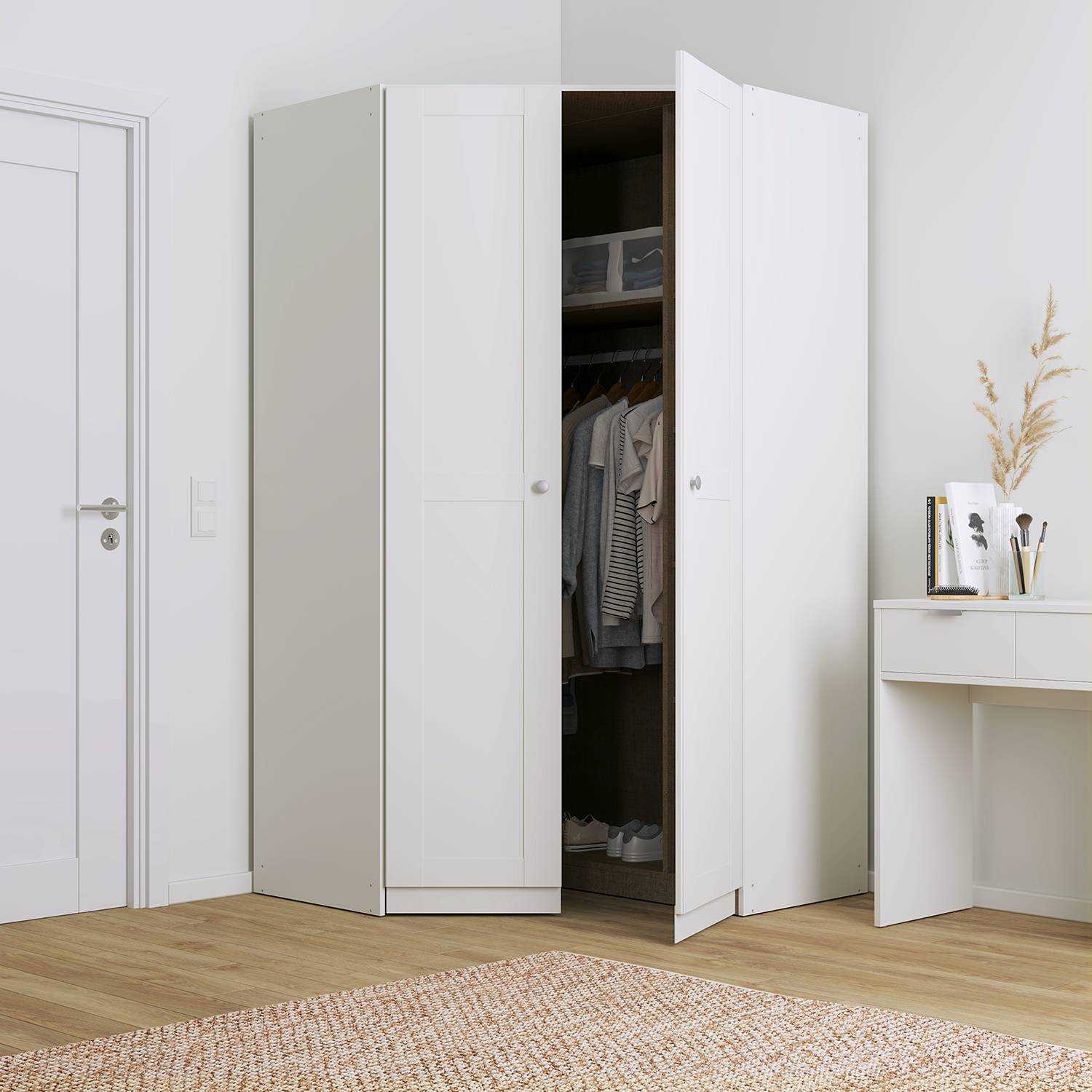 home24 Eckschrank KiYDOO Landhaus I Alpinweiß 121x210x121 cm (BxHxT) Spanplatte Modern