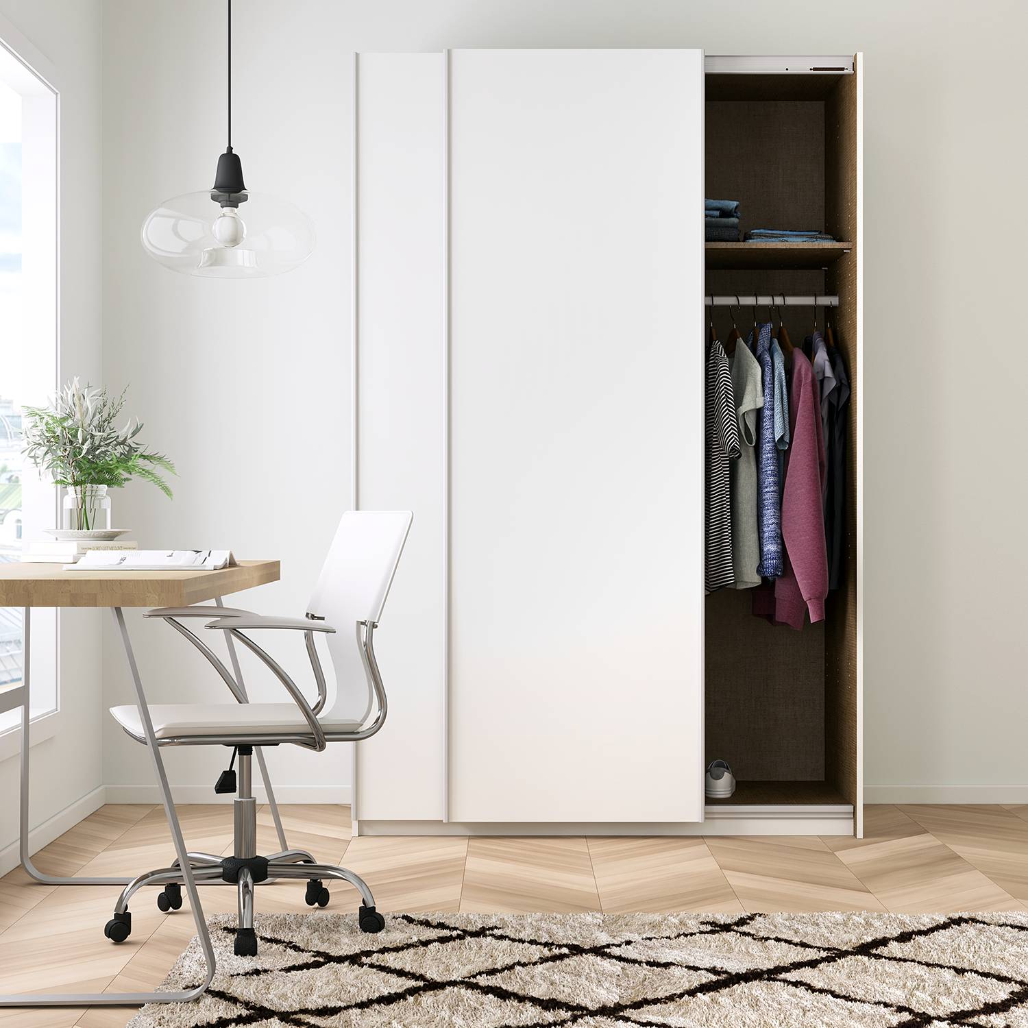 home24 Schwebetürenschrank KiYDOO I Alpinweiß 136x210x61 cm (BxHxT) 2-türig Spanplatte Modern