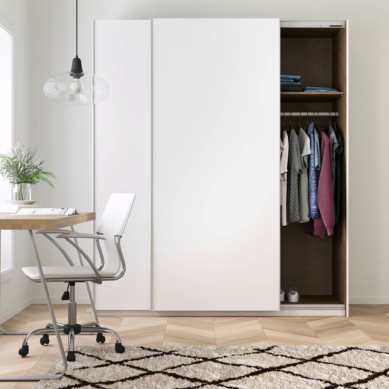 home24 Schwebetürenschrank KiYDOO I Alpinweiß 181x210x61 cm (BxHxT) 2-türig Spanplatte Modern