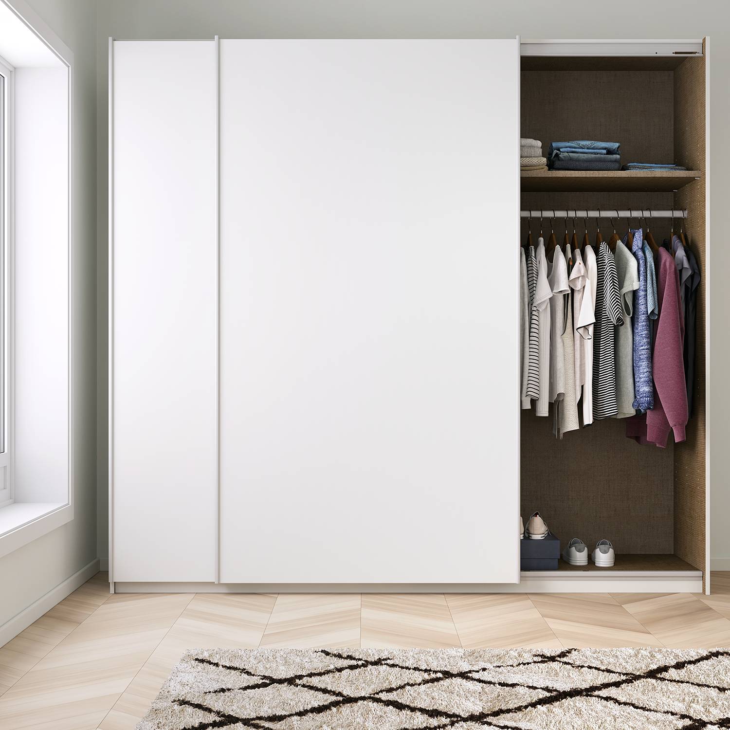 home24 Schwebetürenschrank KiYDOO I Alpinweiß 226x197x61 cm (BxHxT) 2-türig Spanplatte Modern
