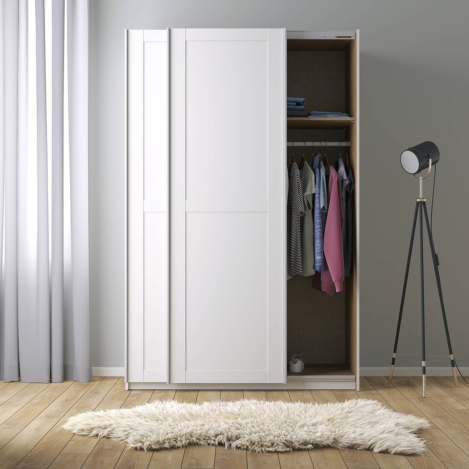 home24 Schwebetürenschrank KiYDOO Landhaus I Alpinweiß 136x210x61 cm (BxHxT) 2-türig Spanplatte Modern