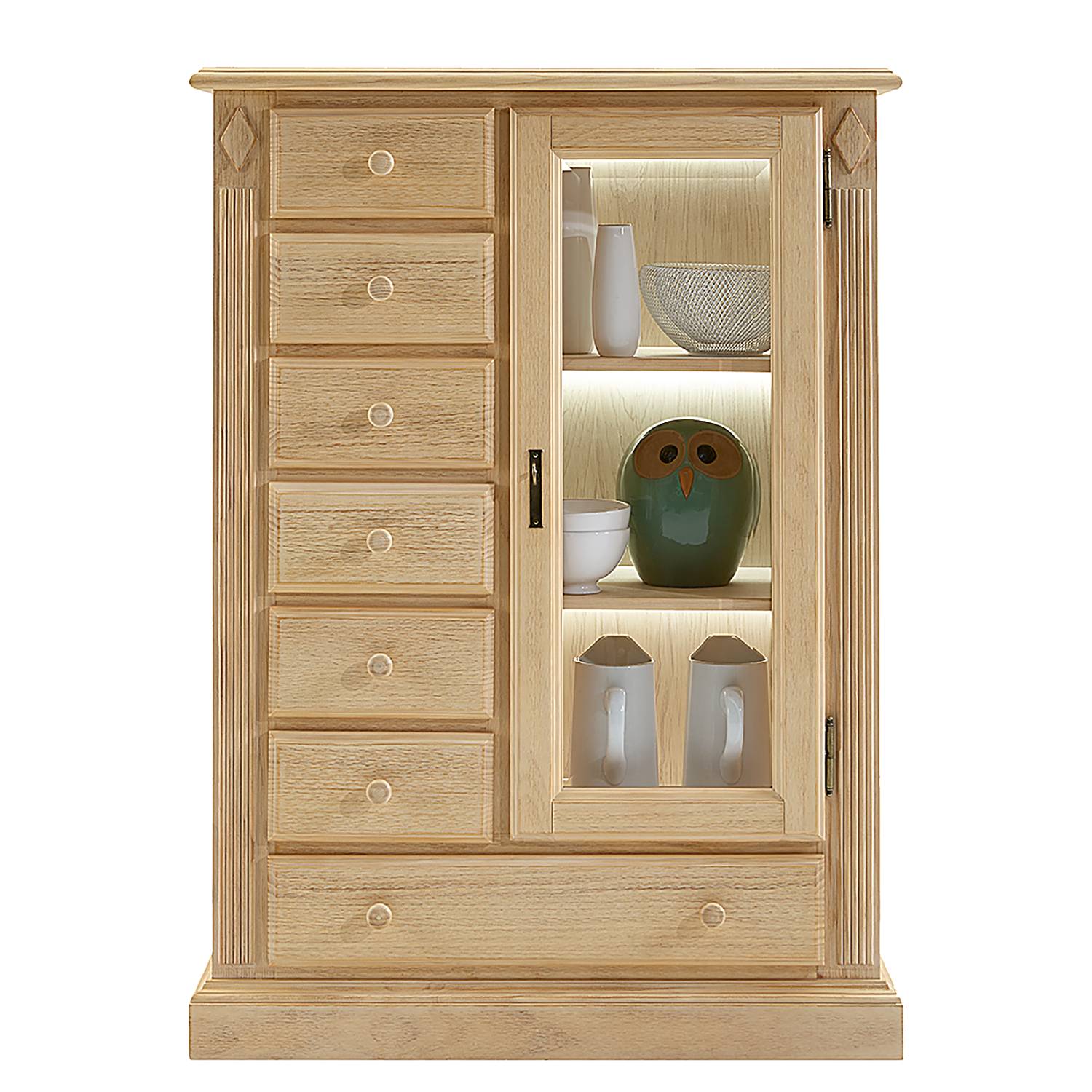 home24 Ridgevalley Vitrinenschrank Breddin I Landhaus Natur Massivholz Pinie 95x131x47 cm (BxHxT) 1-türig 1 Schublade LED