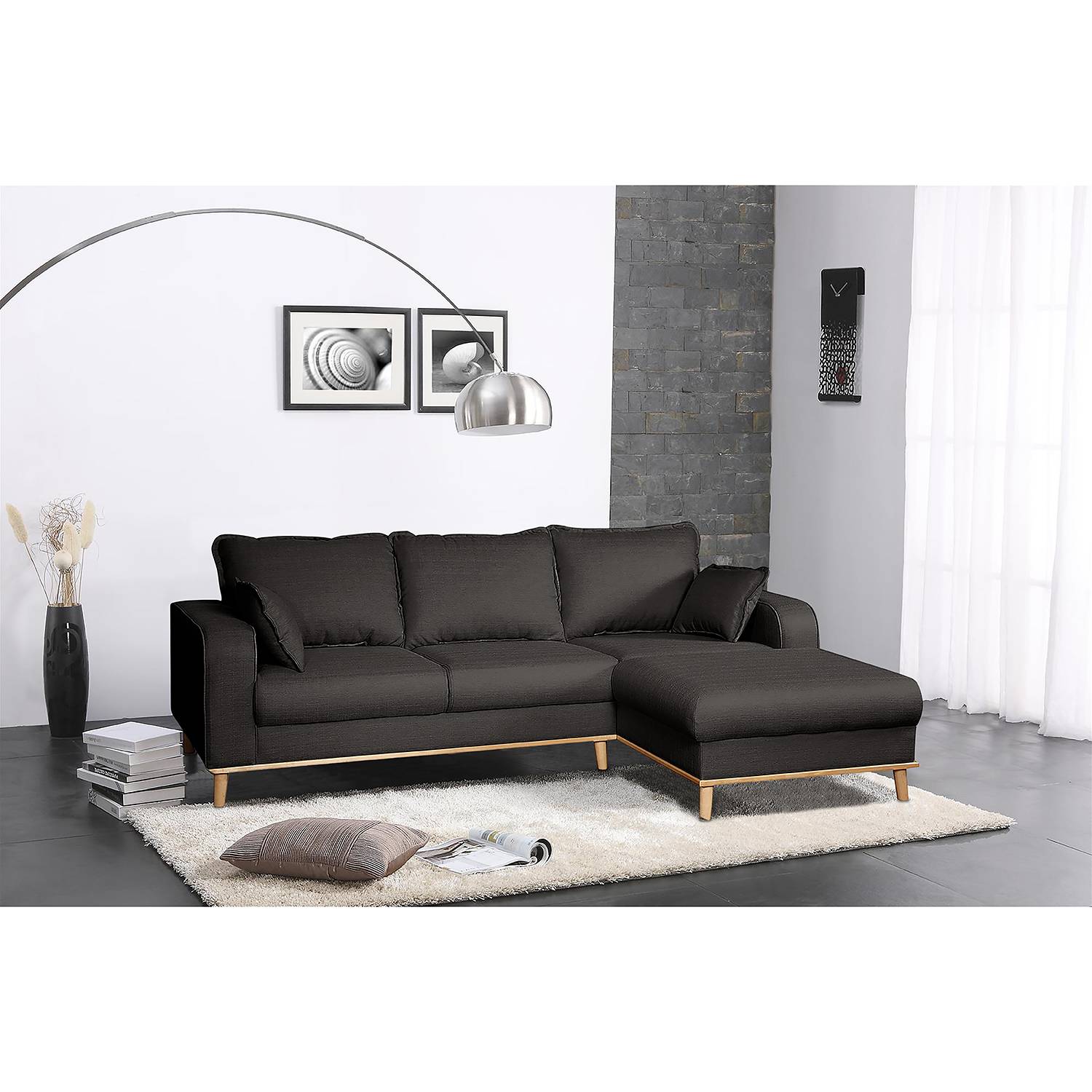 home24 Mørteens Ecksofa Greeneville Dunkelgrau Strukturstoff 230x84x154 cm