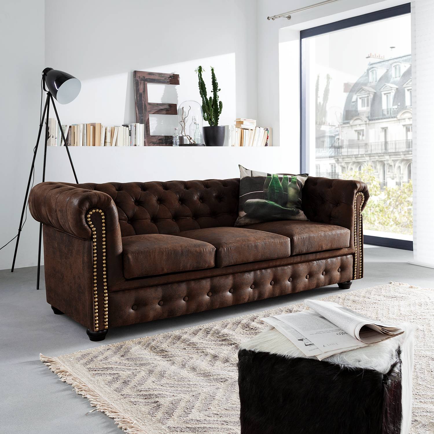 home24 ars manufacti Sofa Torquay 3-Sitzer Dunkelbraun Microfaser 196x72x88 cm (BxHxT) Industrial