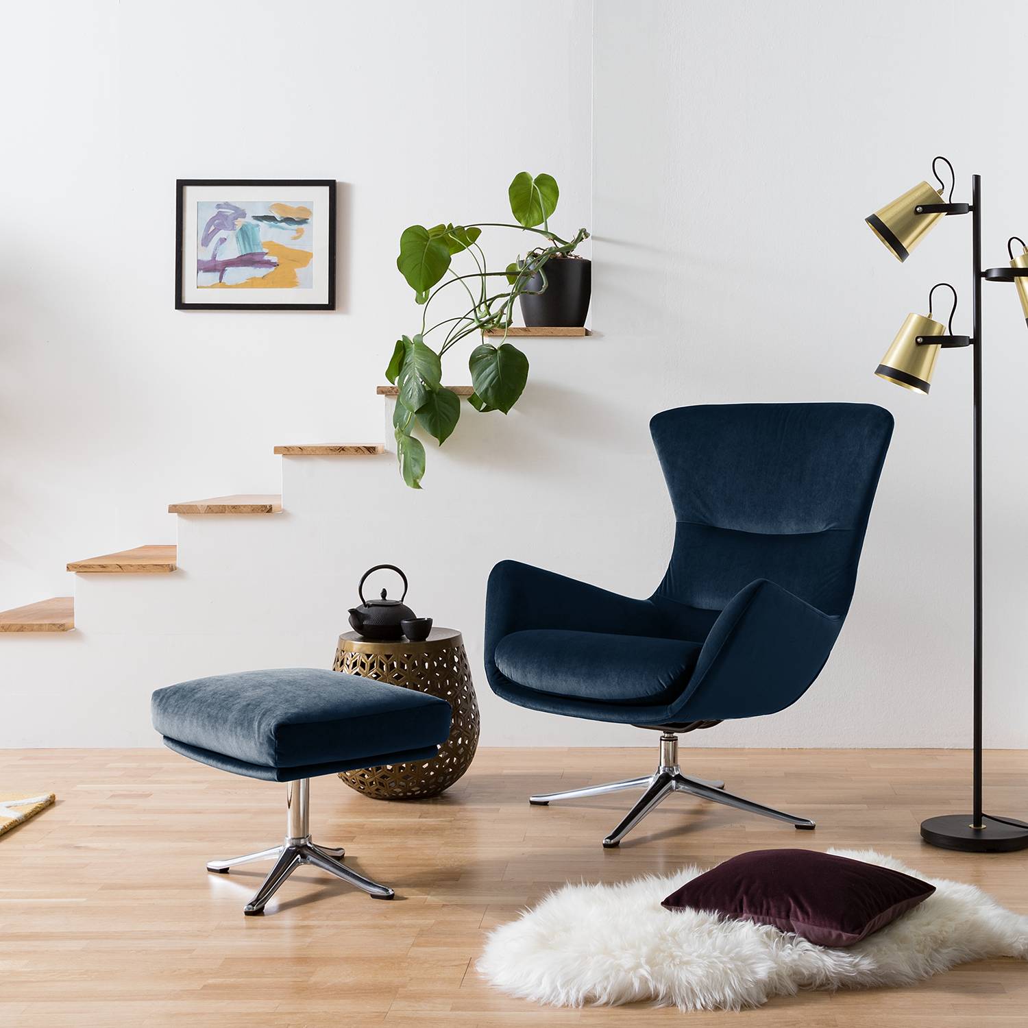 home24 Studio Copenhagen Sessel Hepburn III Dunkelblau Samt 84x99x96 cm (BxHxT)
