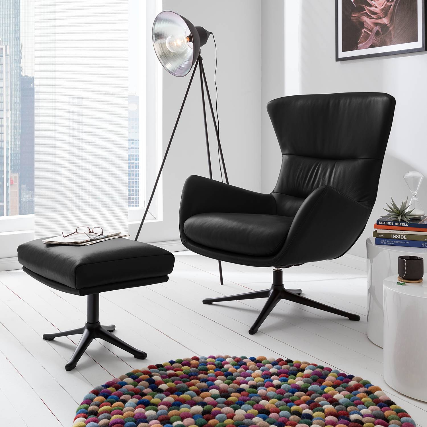 home24 Studio Copenhagen Sessel Hepburn III Schwarz Echtleder 84x99x96 cm (BxHxT)