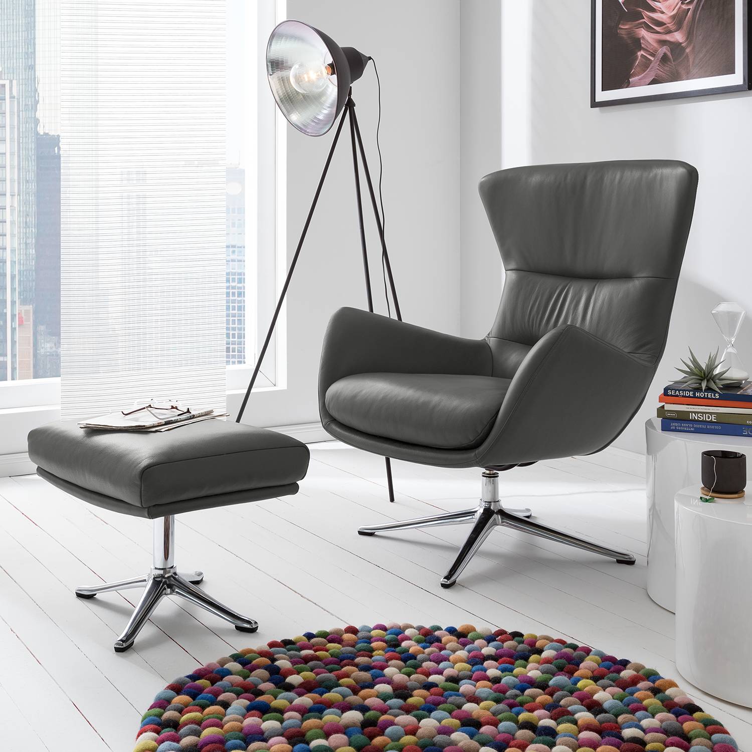 home24 Studio Copenhagen Sessel Hepburn III Grau Echtleder 84x99x96 cm (BxHxT)