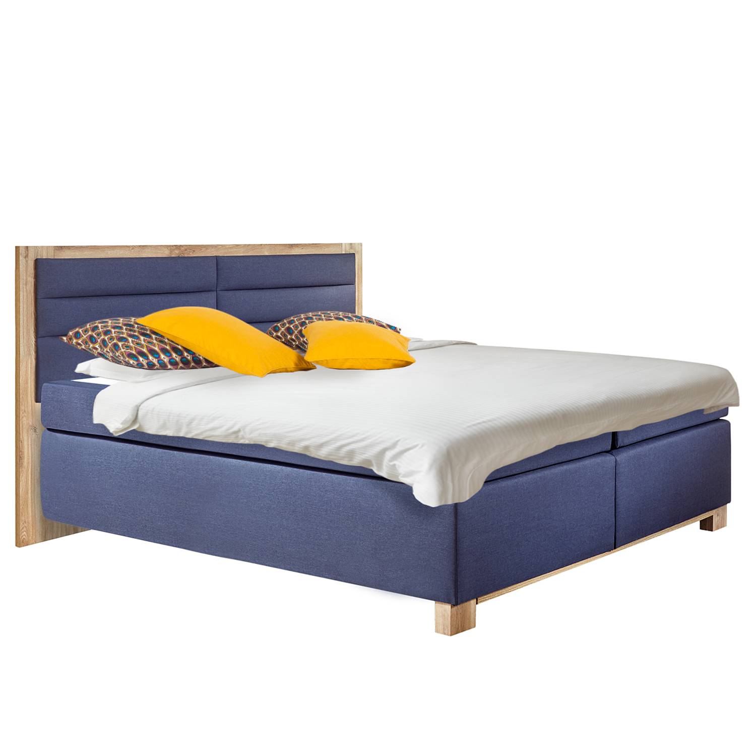 home24 Wimex Boxspringbett Ohio Webstoff/Spanplatte Dunkelblau/Plankeneiche Dekor mit Matratze