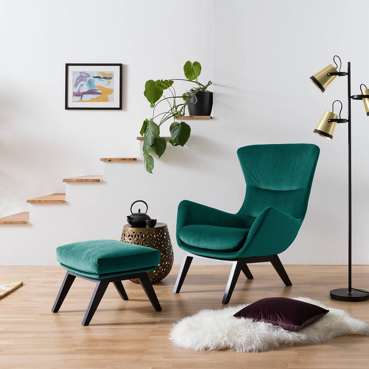 home24 Studio Copenhagen Sessel Hepburn I Petrol Samt 84x99x96 cm (BxHxT)