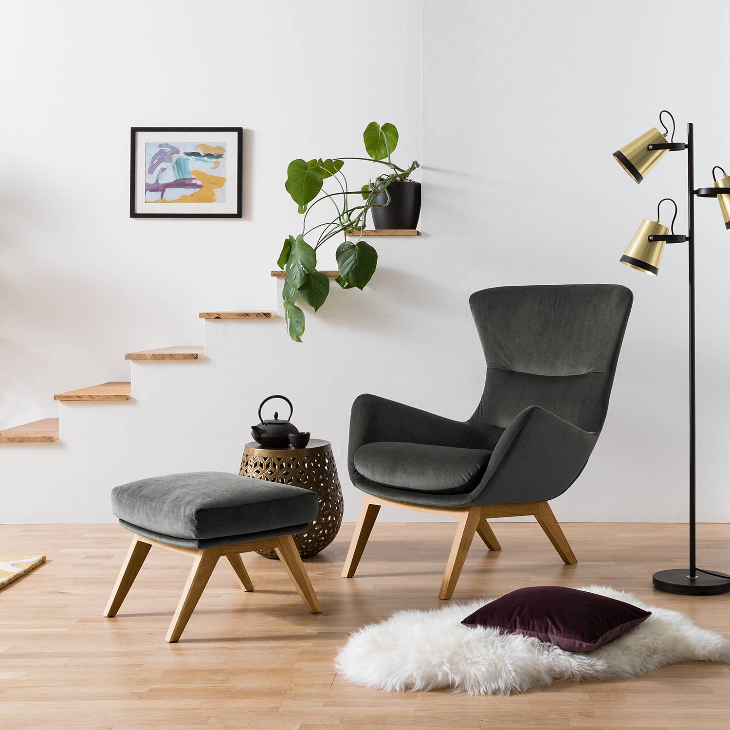 home24 Studio Copenhagen Sessel Hepburn I Rauchgrün Samt 84x99x96 cm (BxHxT)