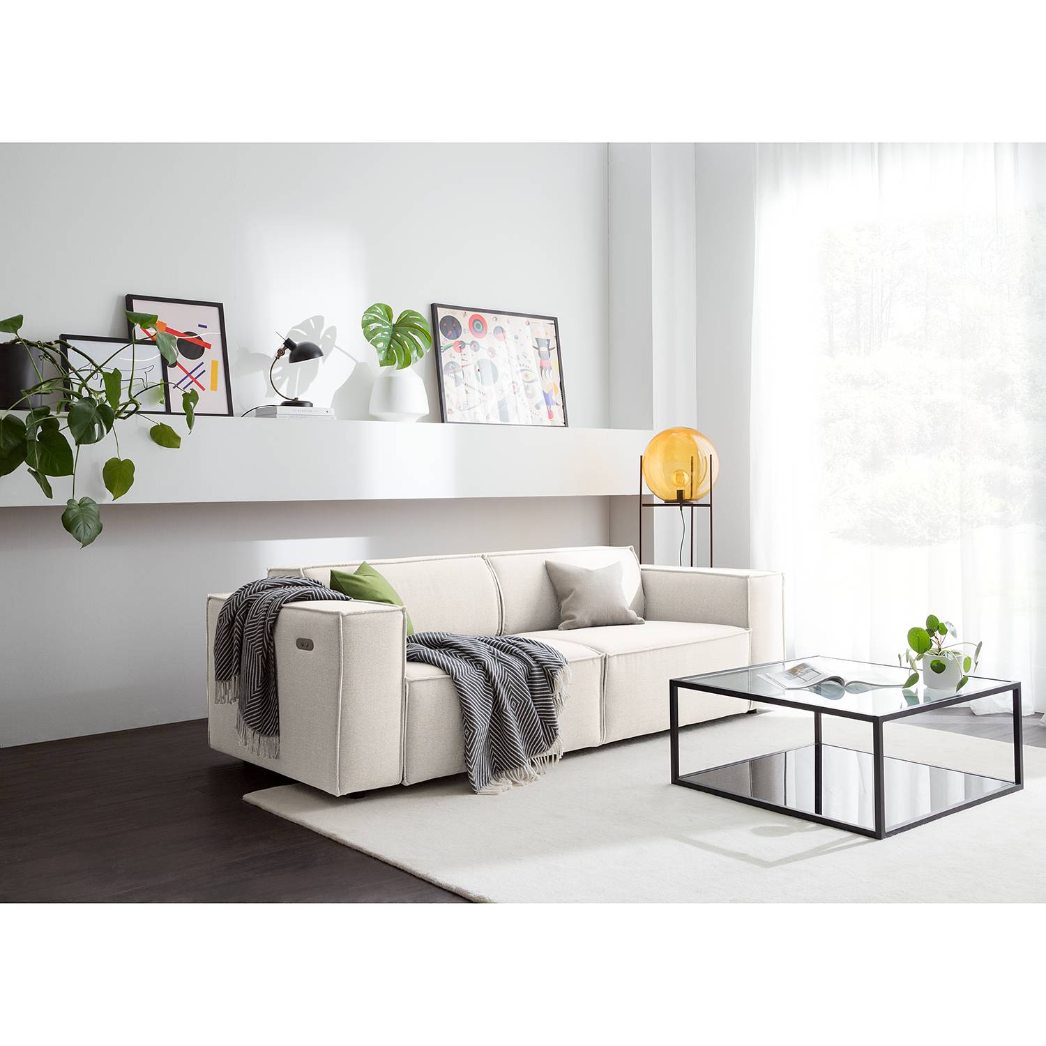 home24 Sofa Kinx 2,5-Sitzer Altweiß Webstoff 223x70x96 cm (BxHxT) Modern