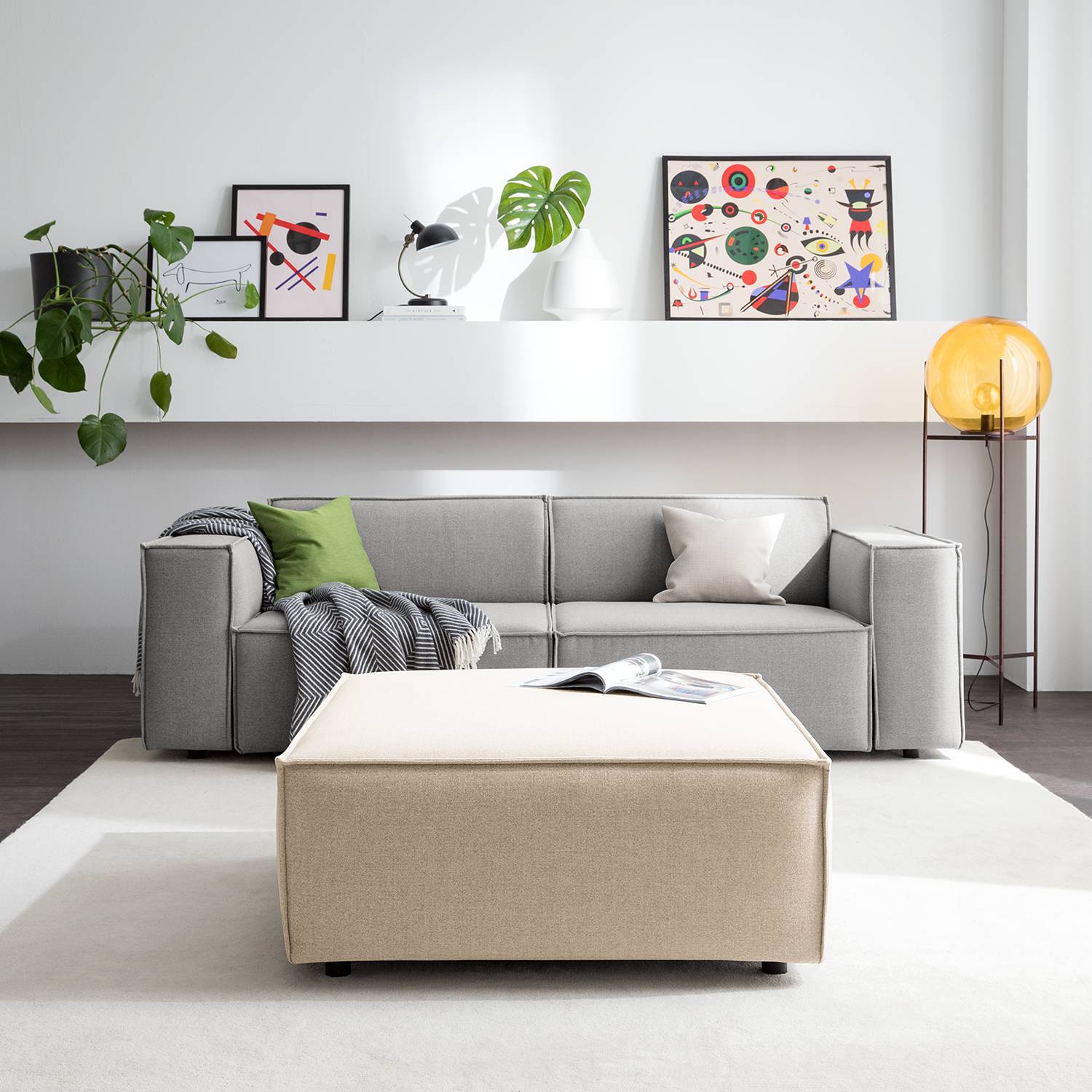 home24 Polsterhocker Kinx II Beige Webstoff 98x42x98 cm (BxHxT) Modern