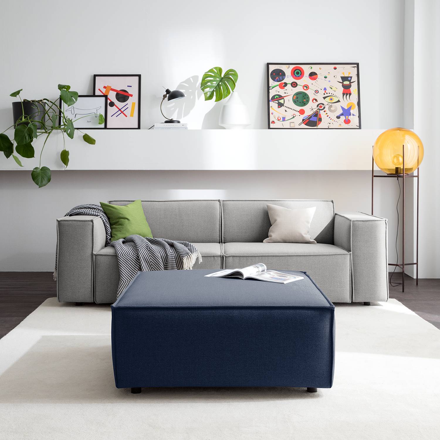 home24 Polsterhocker Kinx II Dunkelblau Webstoff 98x42x98 cm (BxHxT) Modern