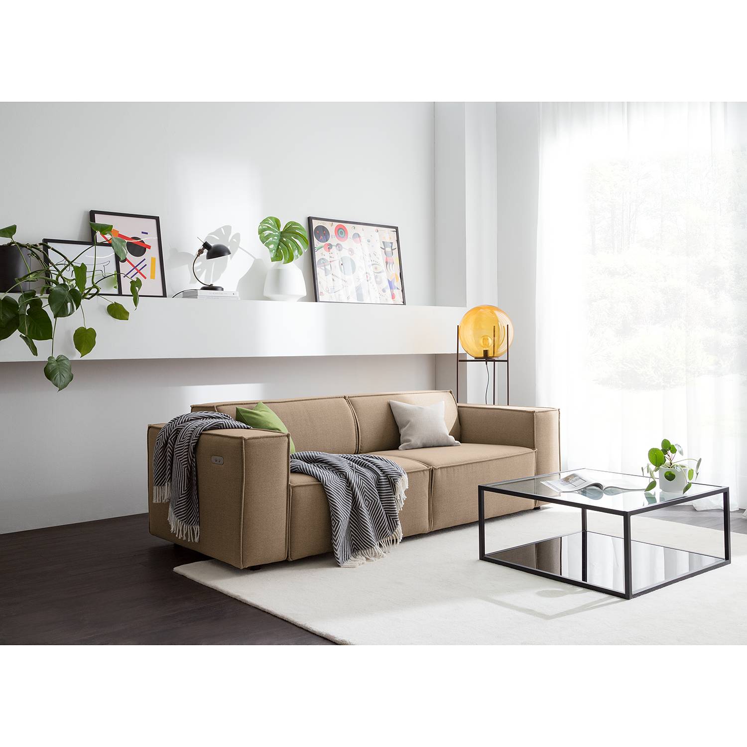home24 Sofa Kinx 2,5-Sitzer Grau/Braun Webstoff 223x70x96 cm (BxHxT) Modern