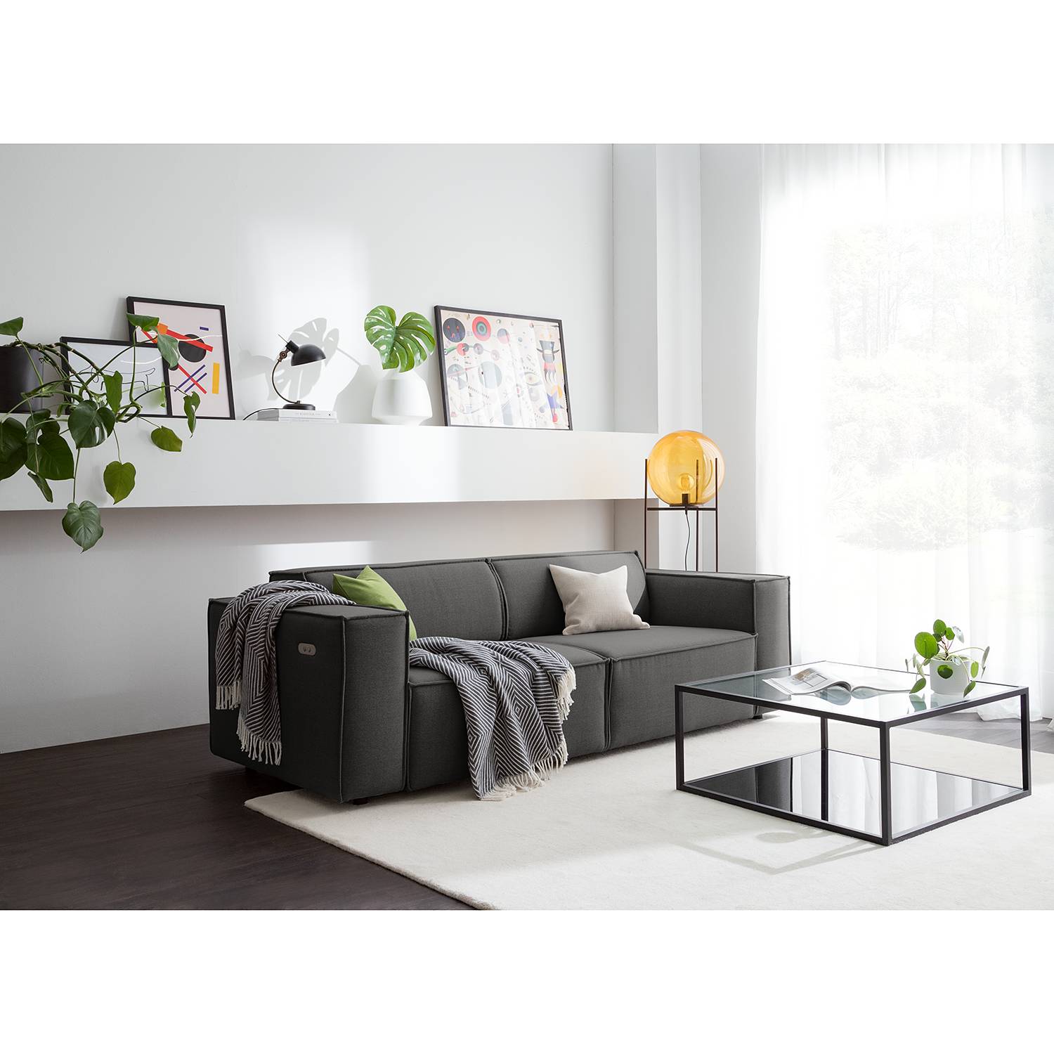 home24 Sofa Kinx 2,5-Sitzer Anthrazit Webstoff 223x70x96 cm (BxHxT) Modern