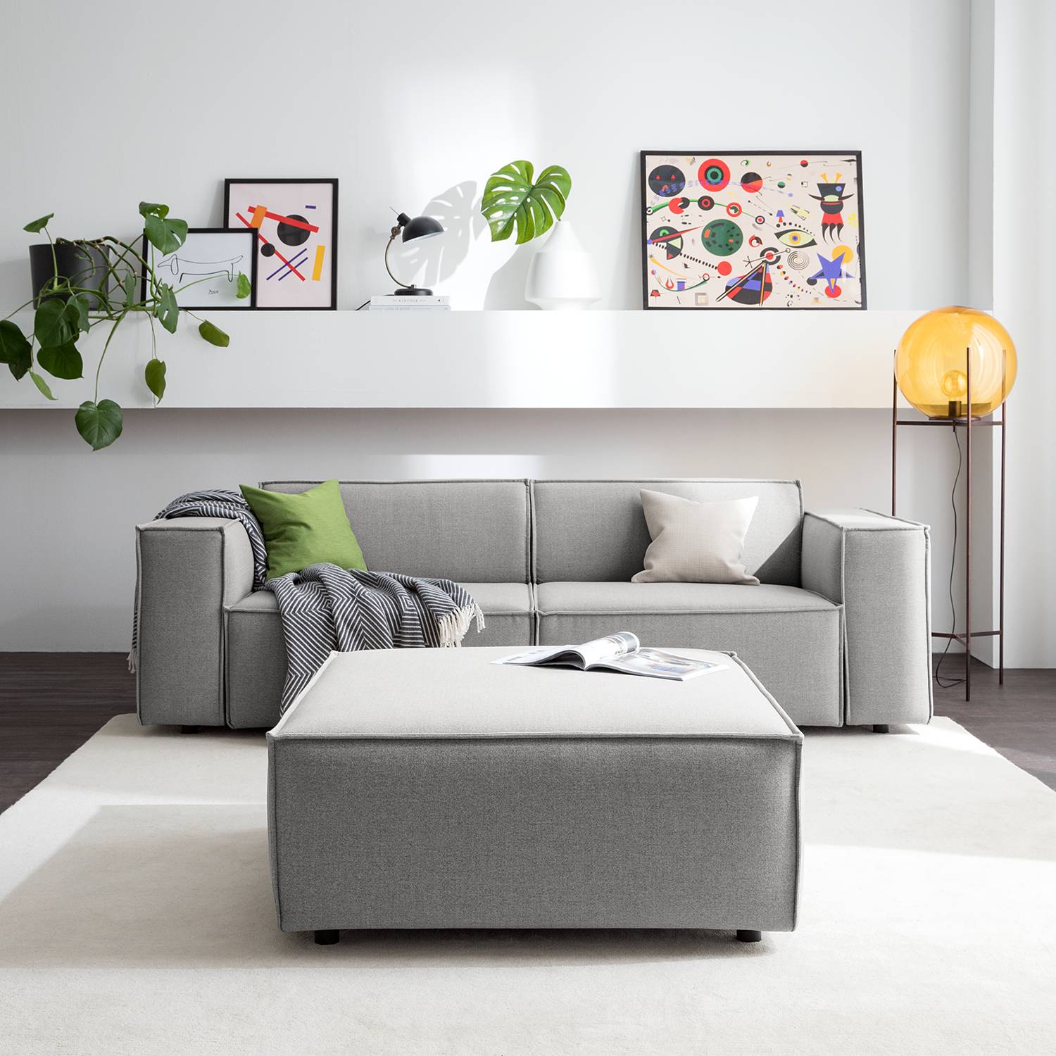 home24 Polsterhocker Kinx II Hellgrau Webstoff 98x42x98 cm (BxHxT) Modern