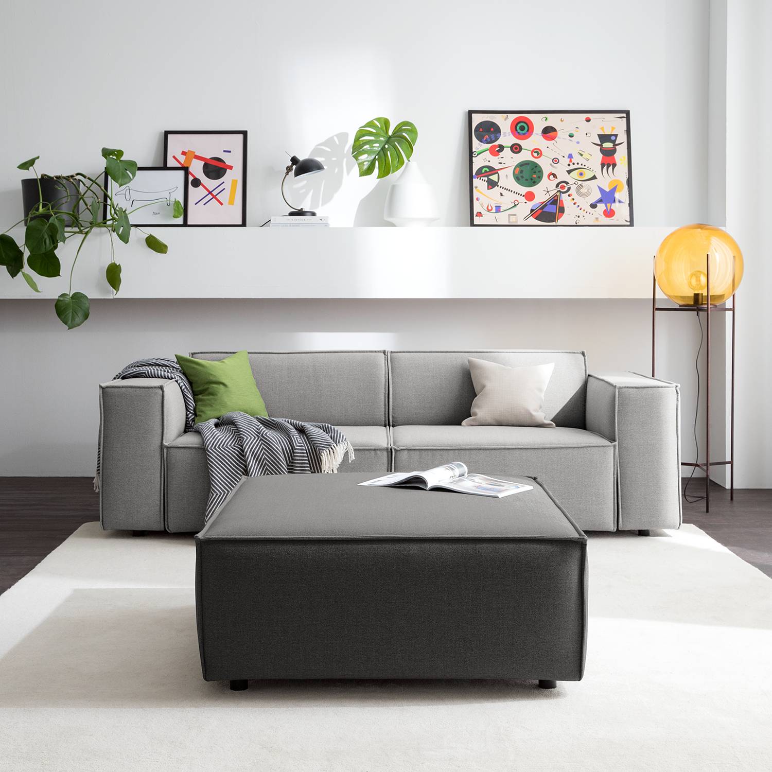 home24 Polsterhocker Kinx II Anthrazit Webstoff 98x42x98 cm (BxHxT) Modern