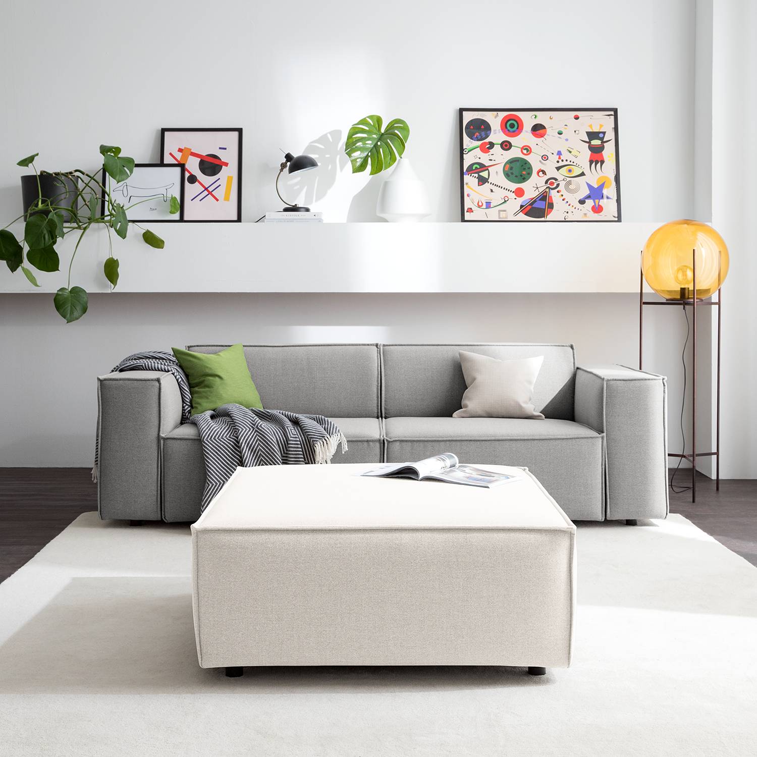 home24 Polsterhocker Kinx II Altweiß Webstoff 98x42x98 cm (BxHxT) Modern